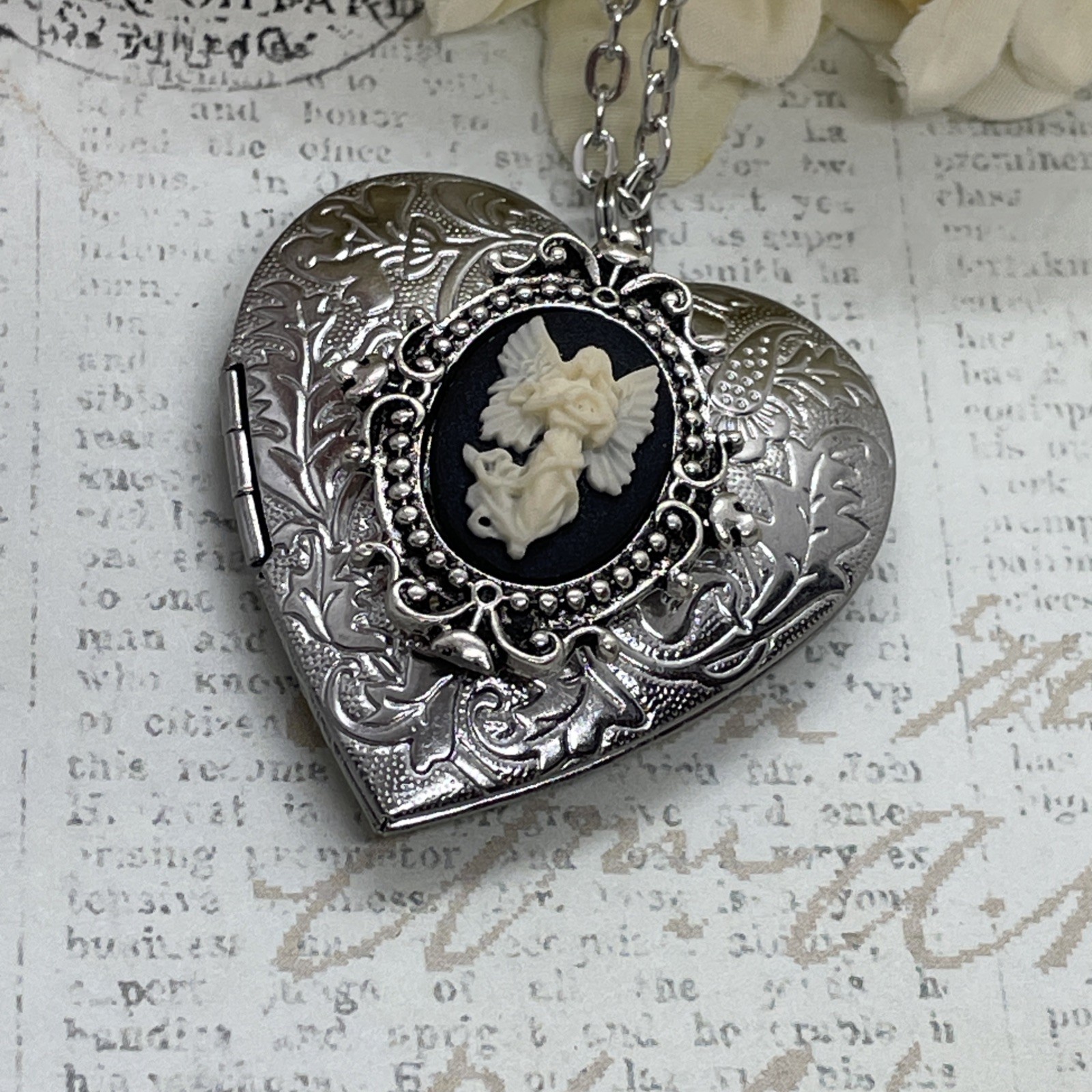 Heart Silver Locket Angel Cameo Mom Love Necklace Photo Bride bridal wedding