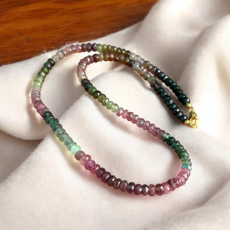 AAA Multi Tourmaline Faceted Rondelle Gemstone Beads Necklace 18” Women & Girls