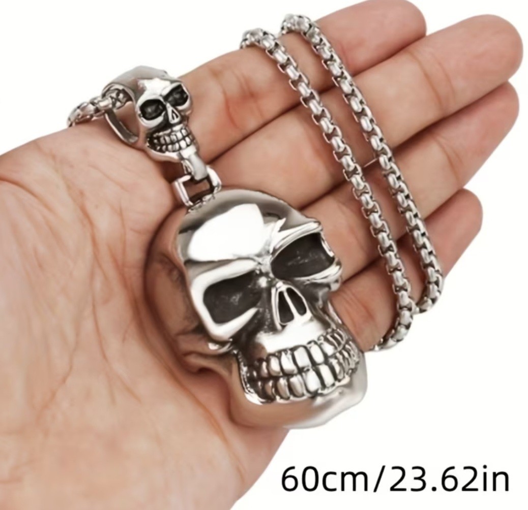 Men Silver Gothic Skull Necklace 60CM Chain Pendant Biker Gift goth satan devil