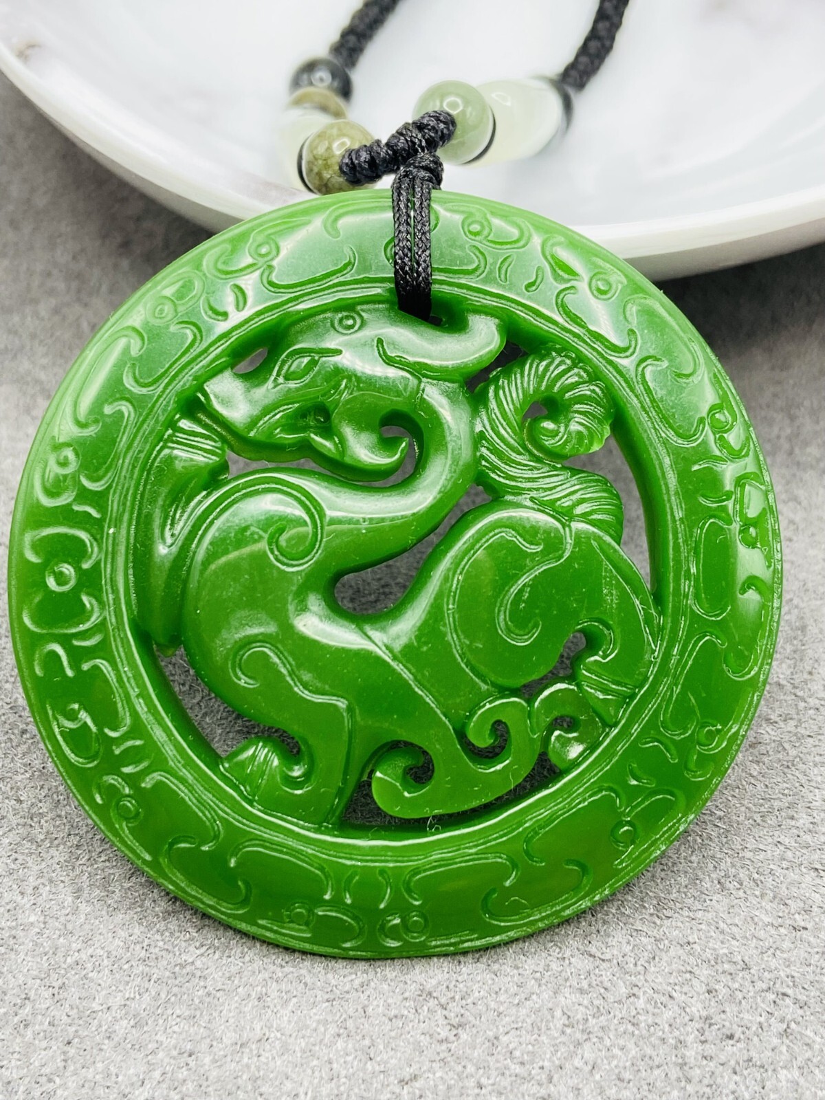 Jade Dragon Charm Pendant Necklace W/ Beads Cord Handmade Carved Green Gemstone