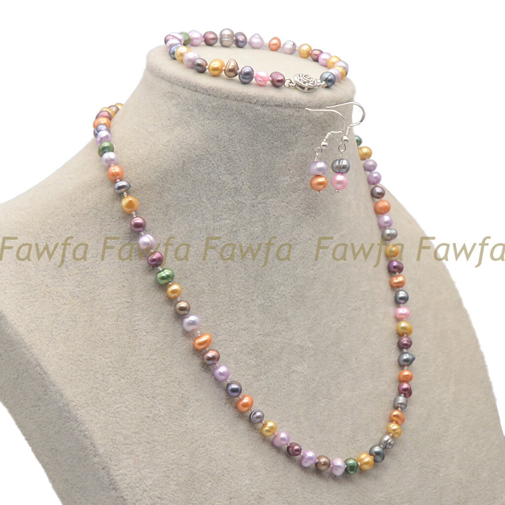 Natural Multicolor 6-7mm Freshwater Pearl Necklace Bracelet Earrings Jewelry Set