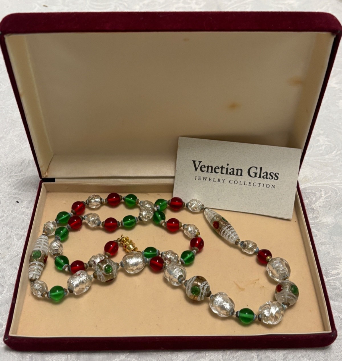 Venetian Glass Beads NECKLACE 30″ White Red Green Silver Handcrafted Italy Boxed