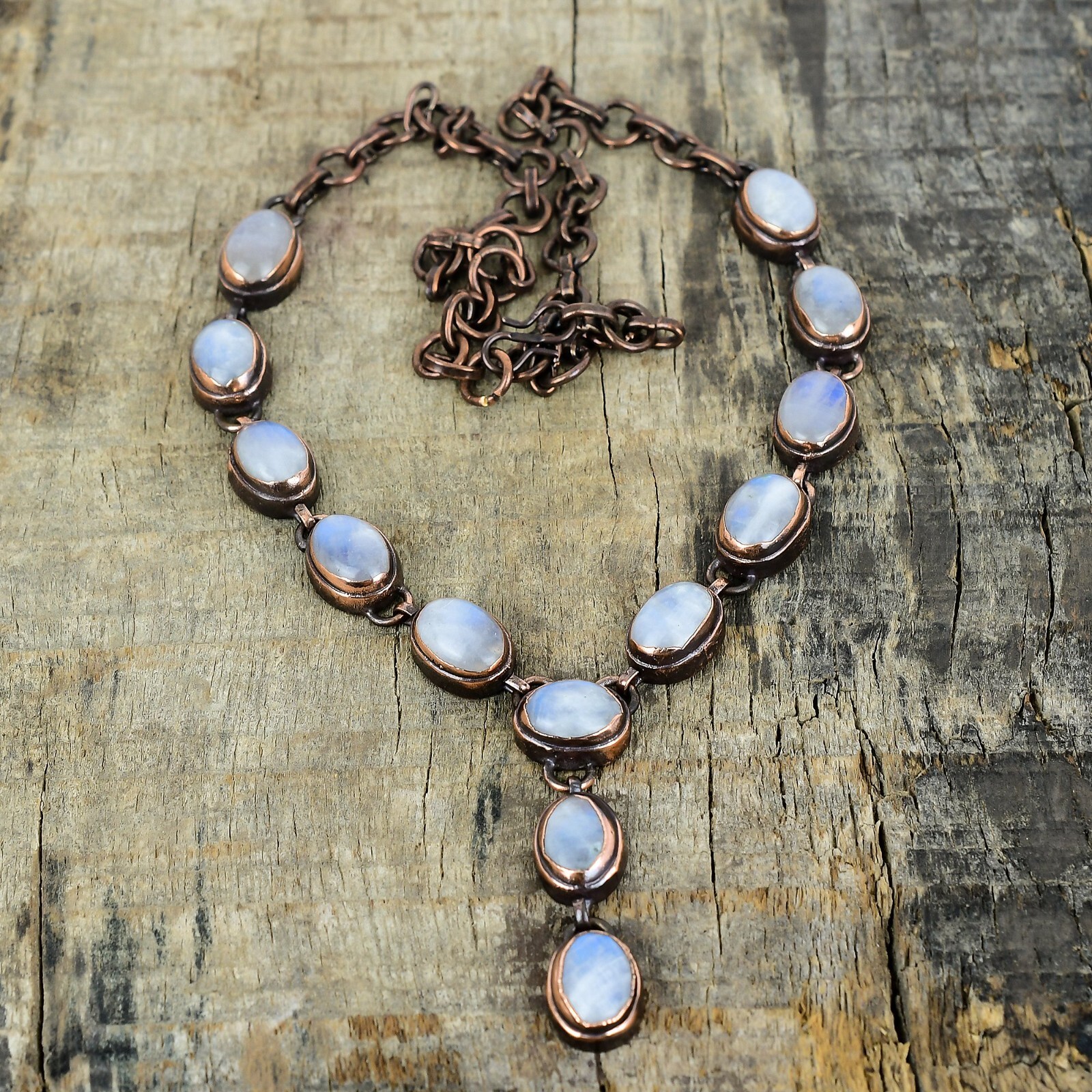 Valentines Sale Natural Rainbow Moonstone Copper Chain Electroformed Necklace
