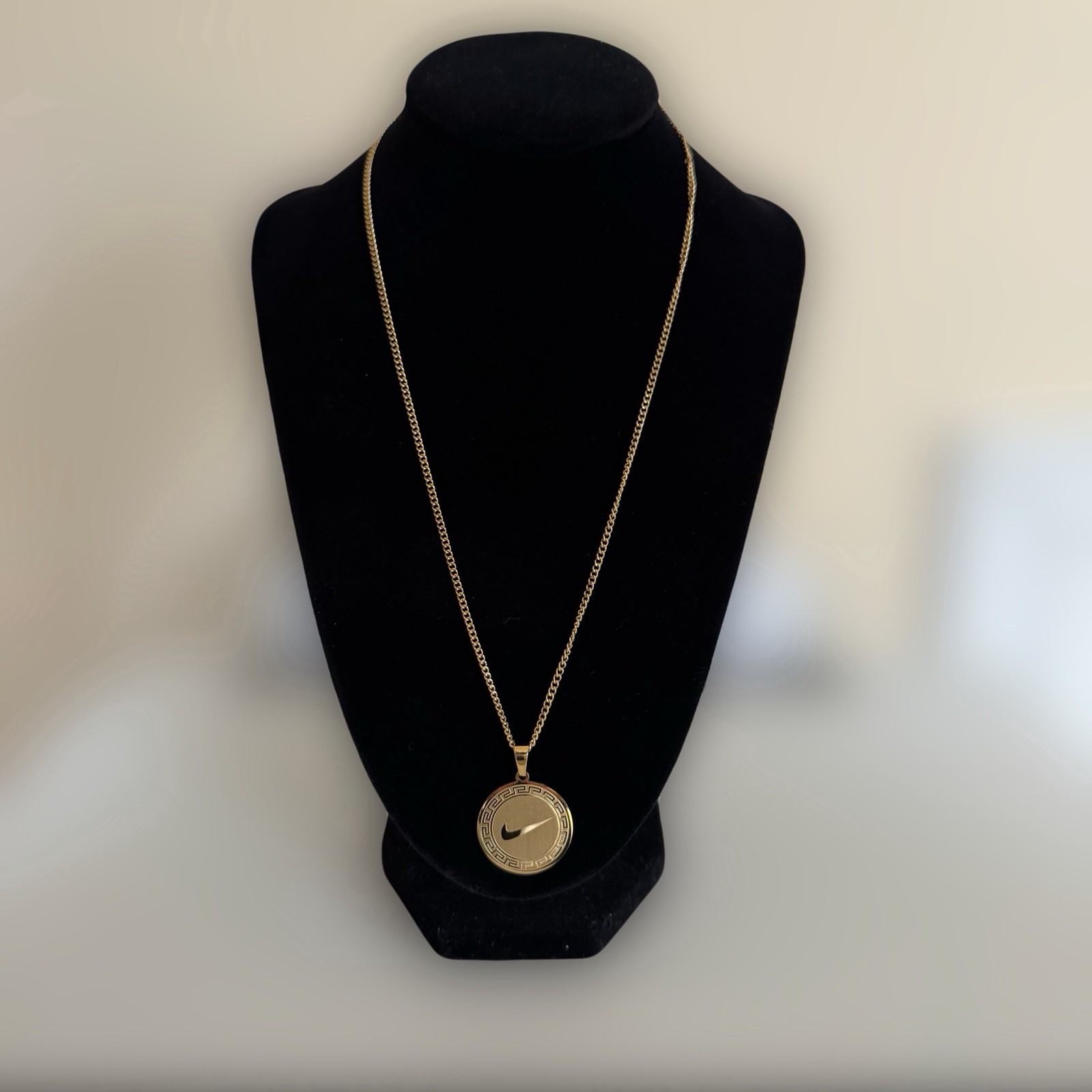 20” Circular Nike Swoosh Pendant + Necklace Gold Plated Stainless Steel
