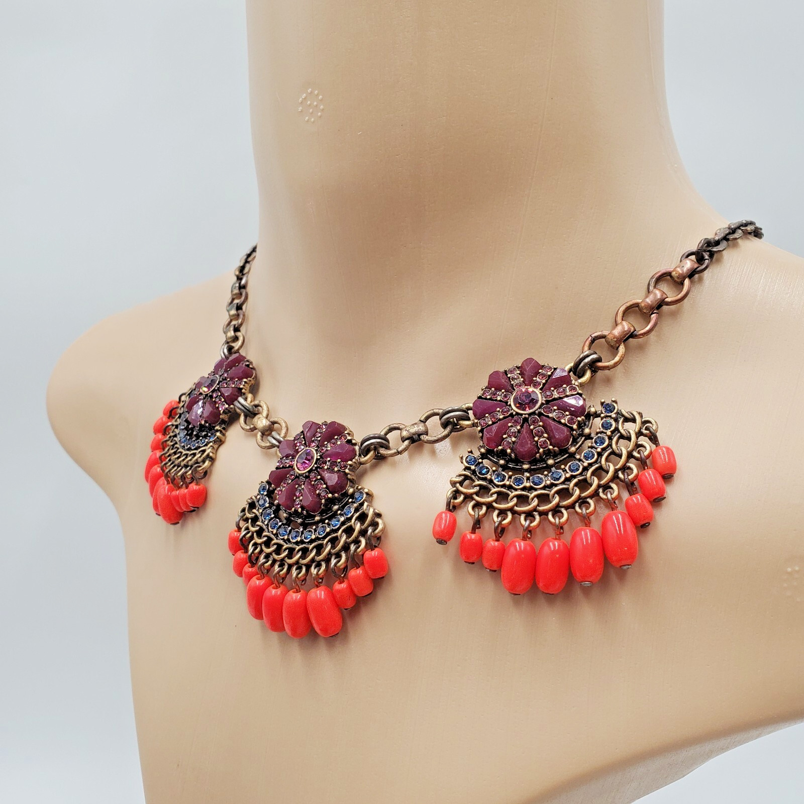 J Crew Necklace 18in +3 Brass Tone Neon Orange Bead Purple Crystals READ Flaw