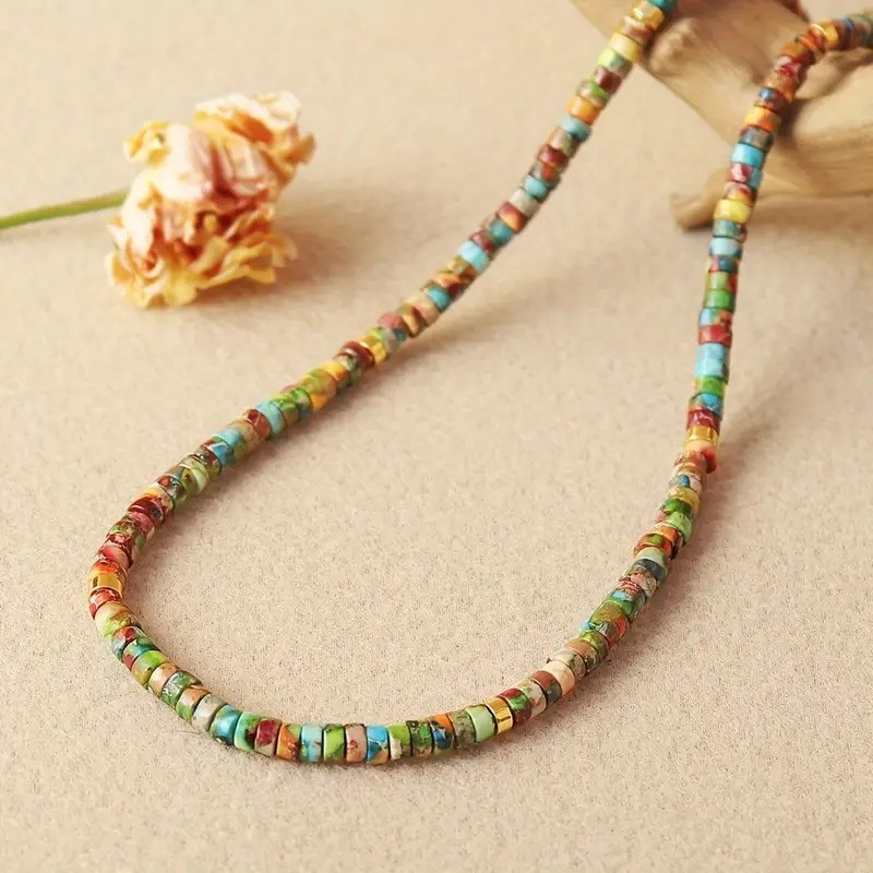 Natural Cube Floral Imperial Jasper Beaded Choker Summer Minimalist Necklace