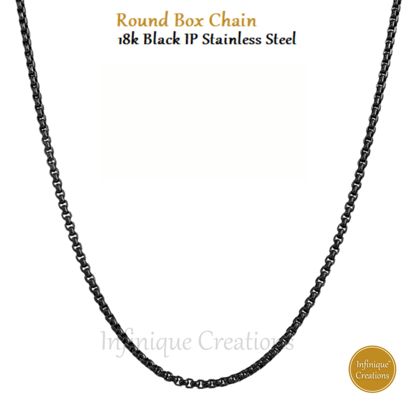 18k IP Black Plated Stainless Steel Round Box Chain Bracelet Necklace 7-38″