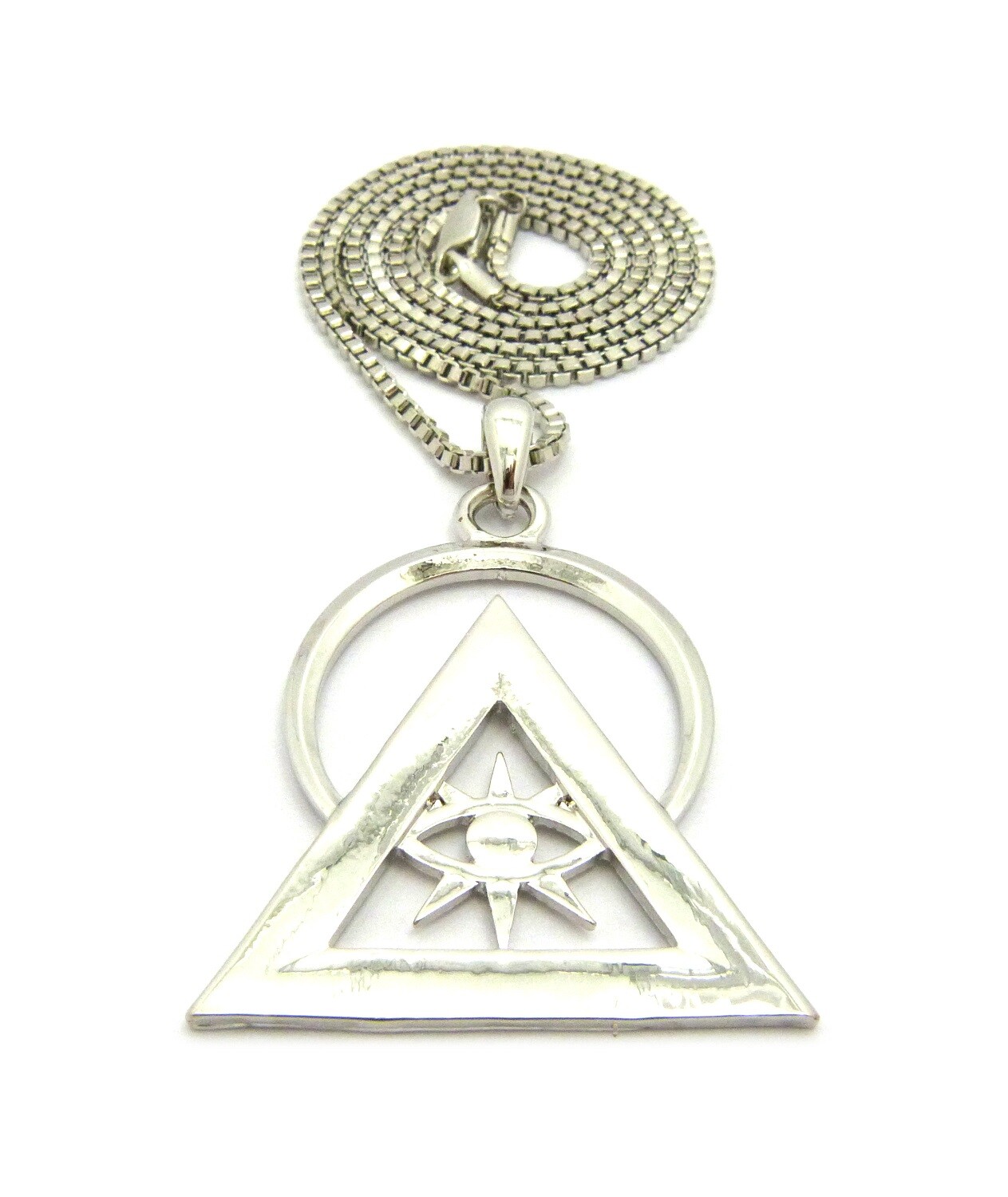 Silver Plated illuminati Pyramid Pendant & 24″ Box, Cuban, Rope Chain Necklace