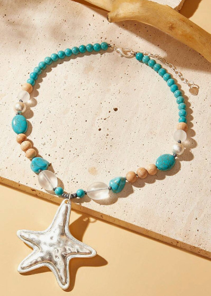 Silver Starfish Necklace Turquoise Beaded Blue Bohemian Vacation Beach Jewelry