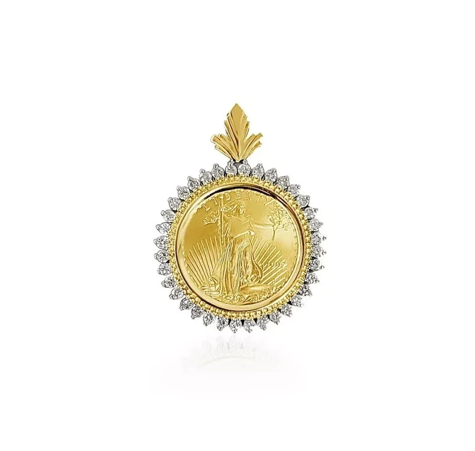Lady Liberty Coin Pendant Round Simulated Diamond 14K Yellow Gold Plated Silver