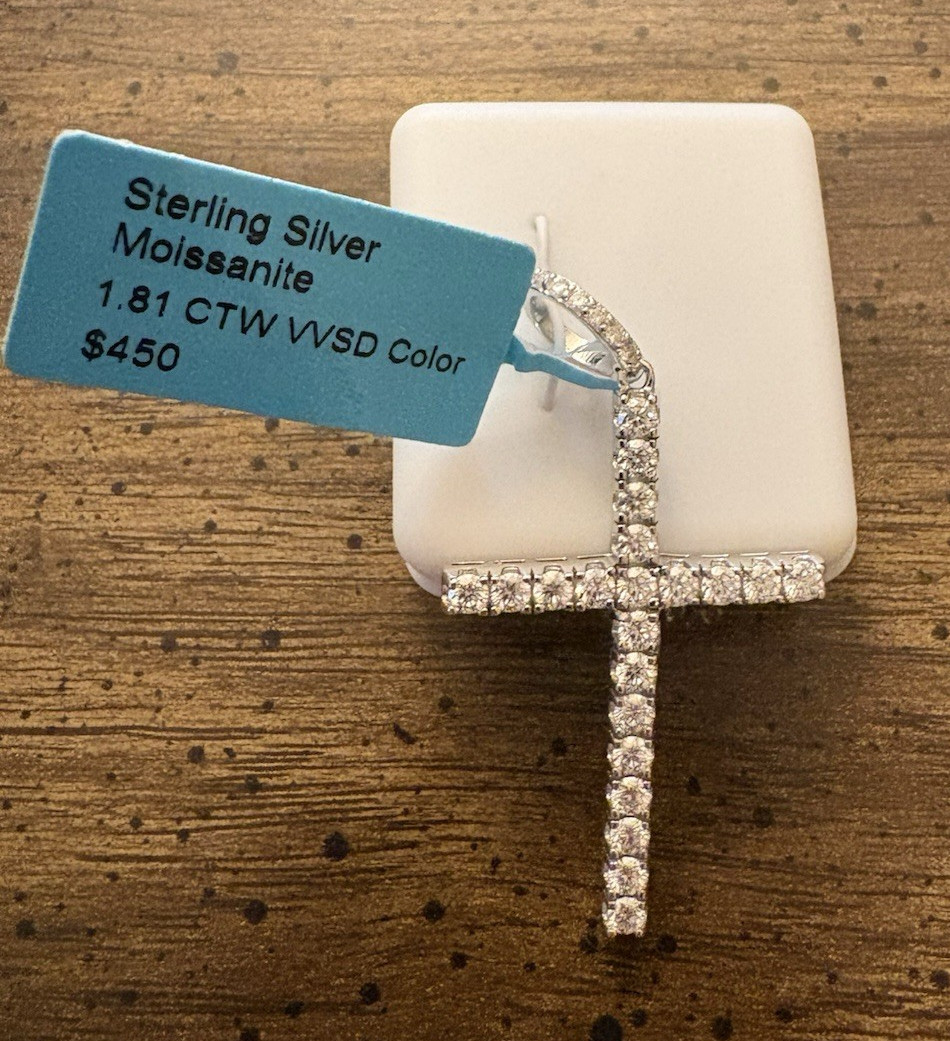 Sterling Silver Moissanite Cross Pendant Religious White/Colorless Round 224456