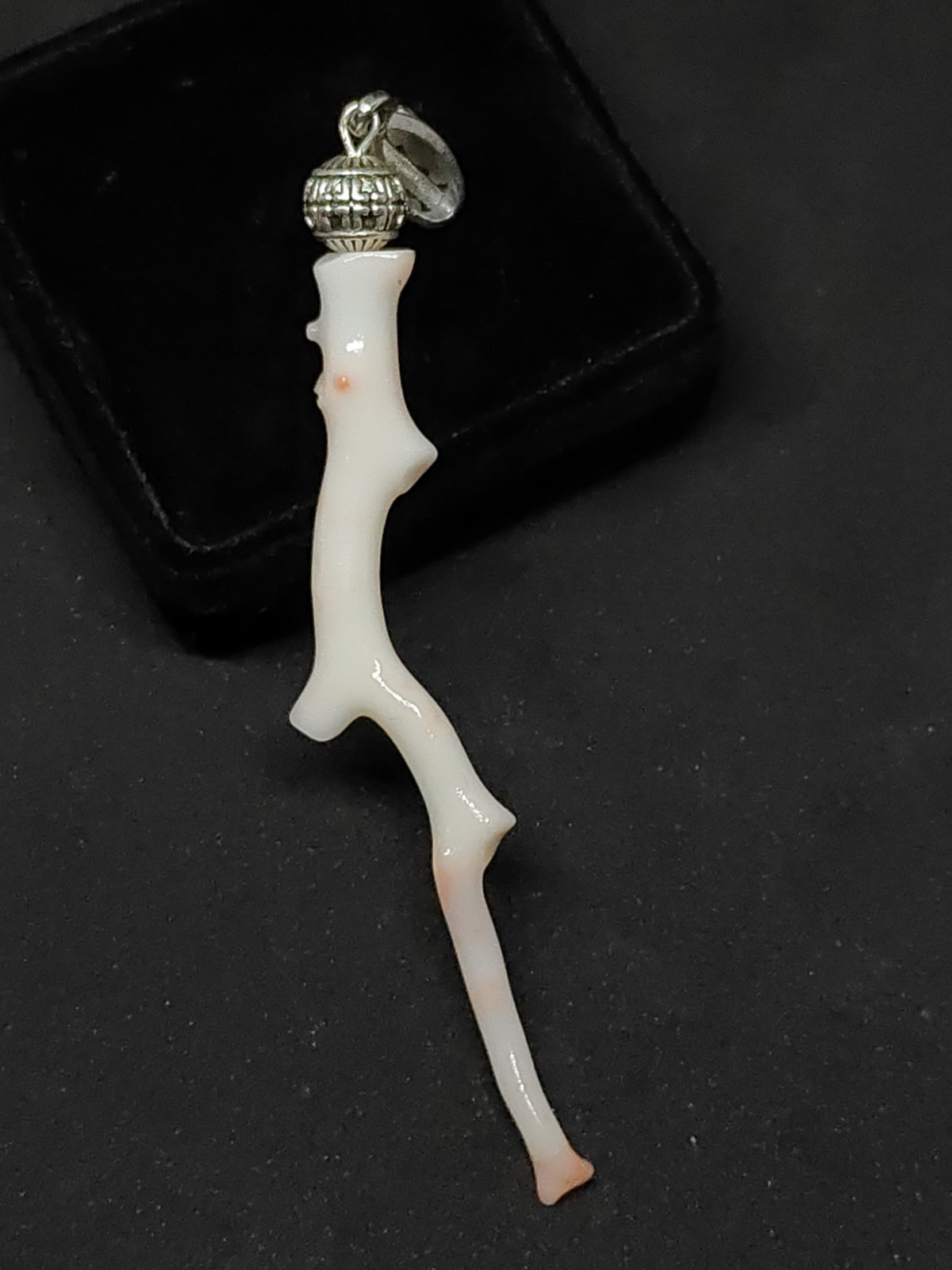 Large White Pink Stick Coral Branch Pendant: Silver Brass & Natural Branch
