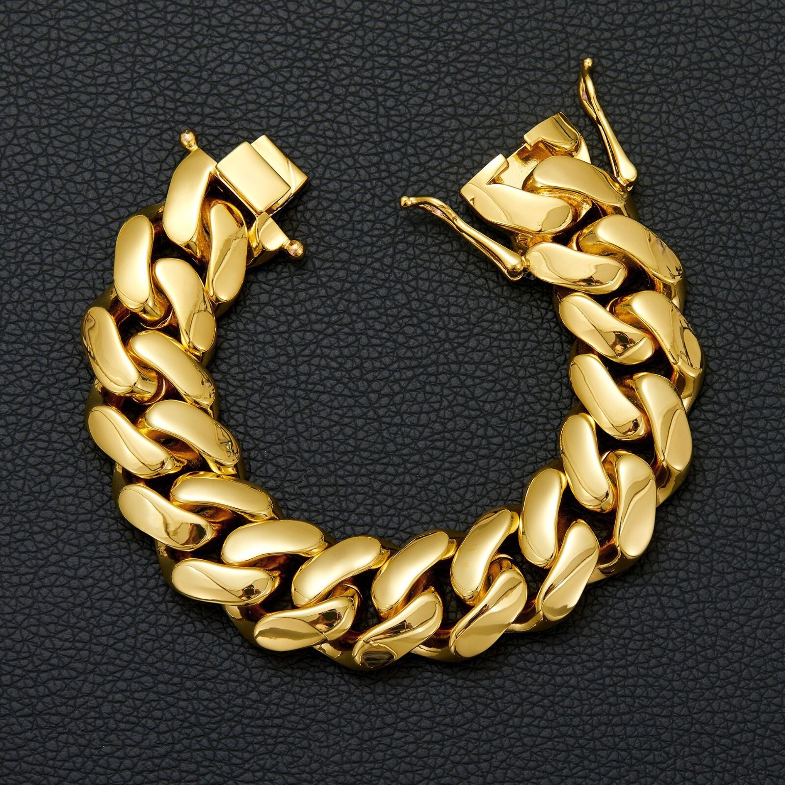 Men 10/12/14/16/18/20/22mm Flat Gold Tone Stainless Steel Miami Cuban Link Chain