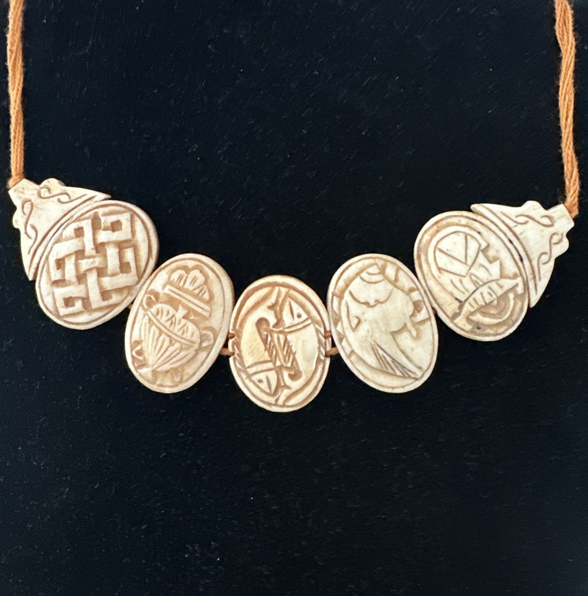 Nepal 8 Auspicious Symbols Hand Carved Necklace Yak Bone 16 in