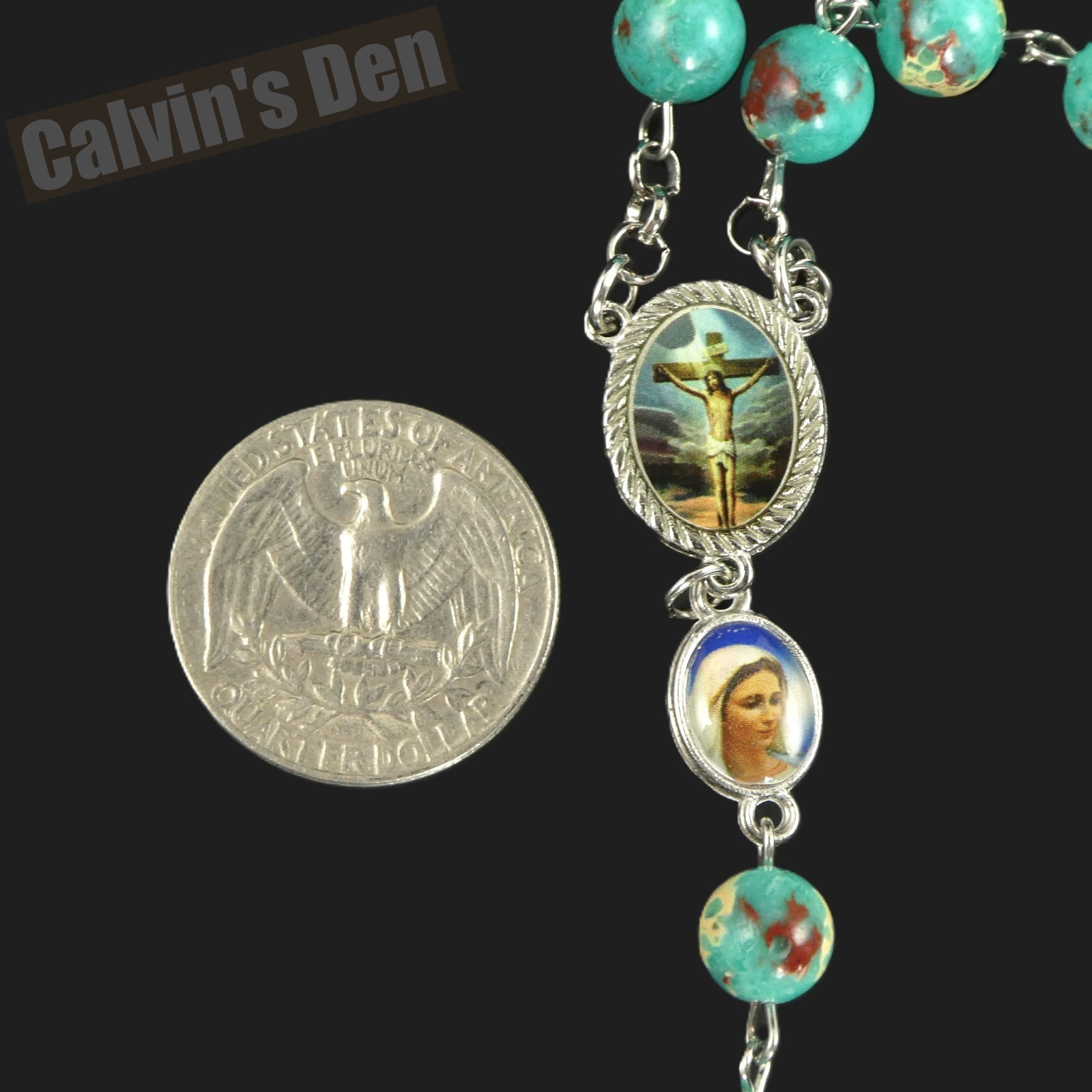 Green Snakeskin Jasper Bead Rosary Spinning Divine Mercy Madonna & Child Pendant