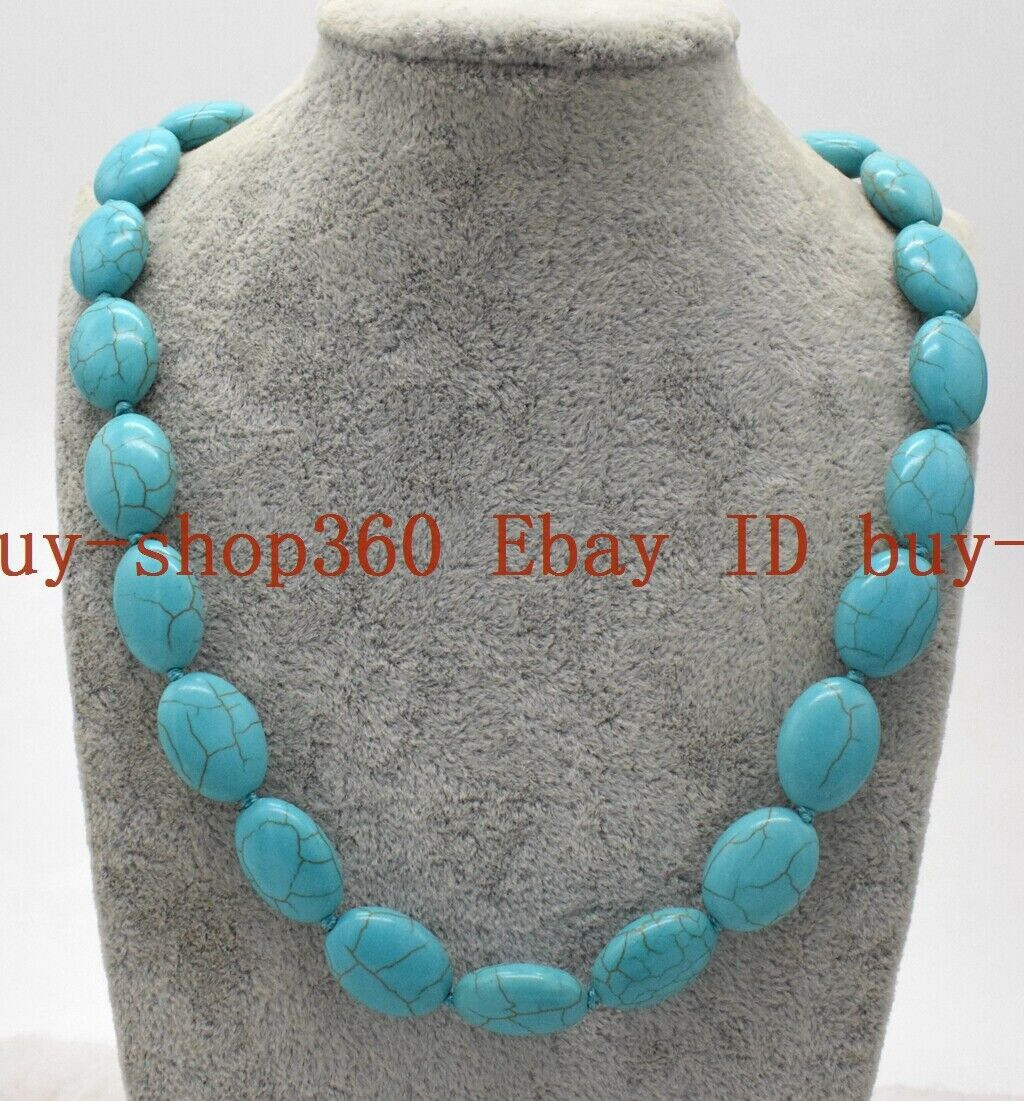 Pretty 13x18mm Blue Oval Turquoise Gemstone Beads knotted Necklace 14-36 in