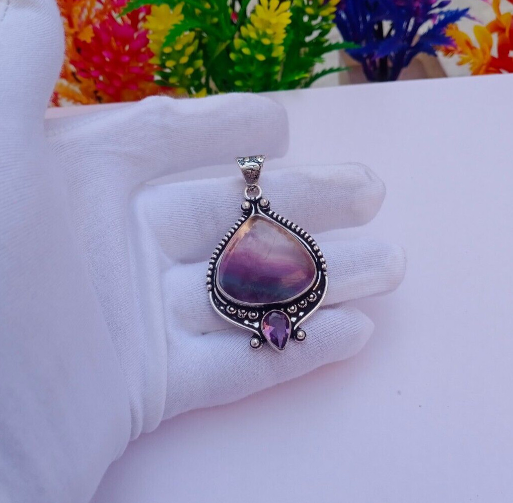 Natural Fluorite sterling silver plated pendant | Amethyst Pendant Jewelry