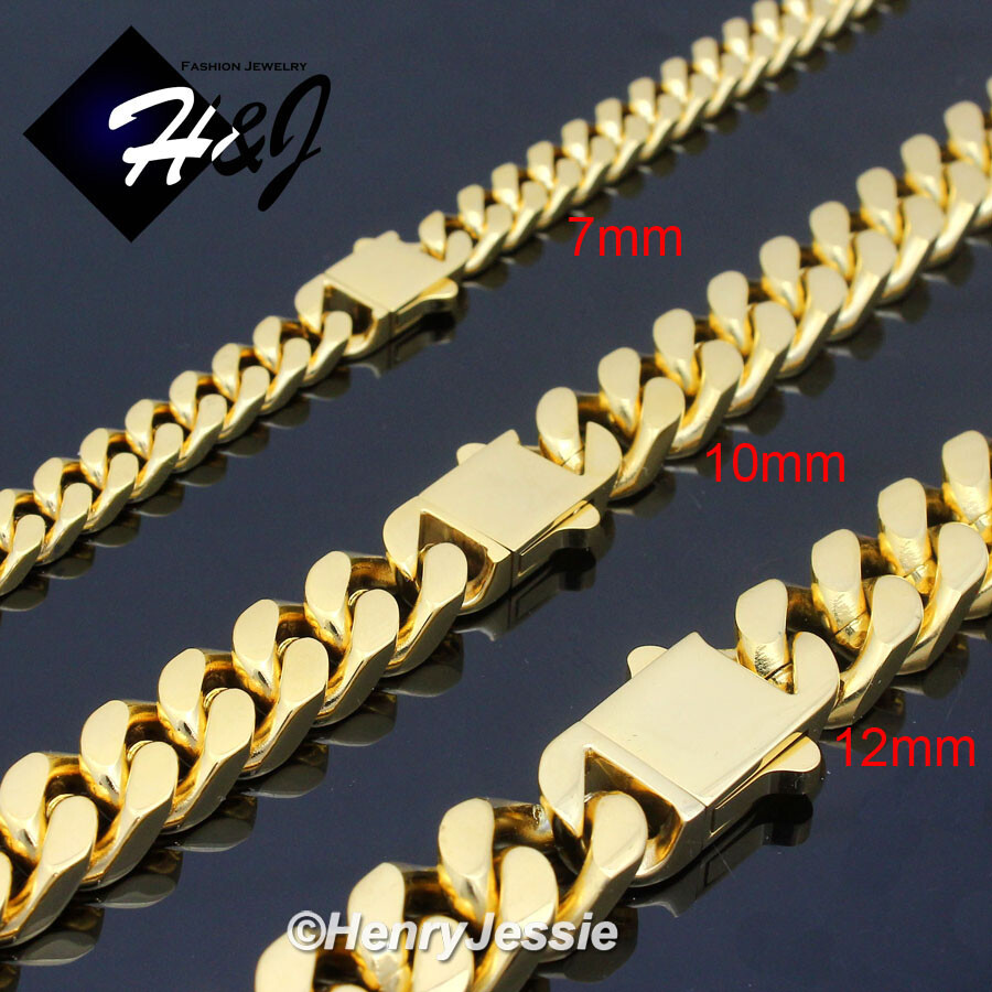 16″-40″MEN Stainless Steel 7mm Gold Plated Miami Cuban Curb Chain Necklace*GN166