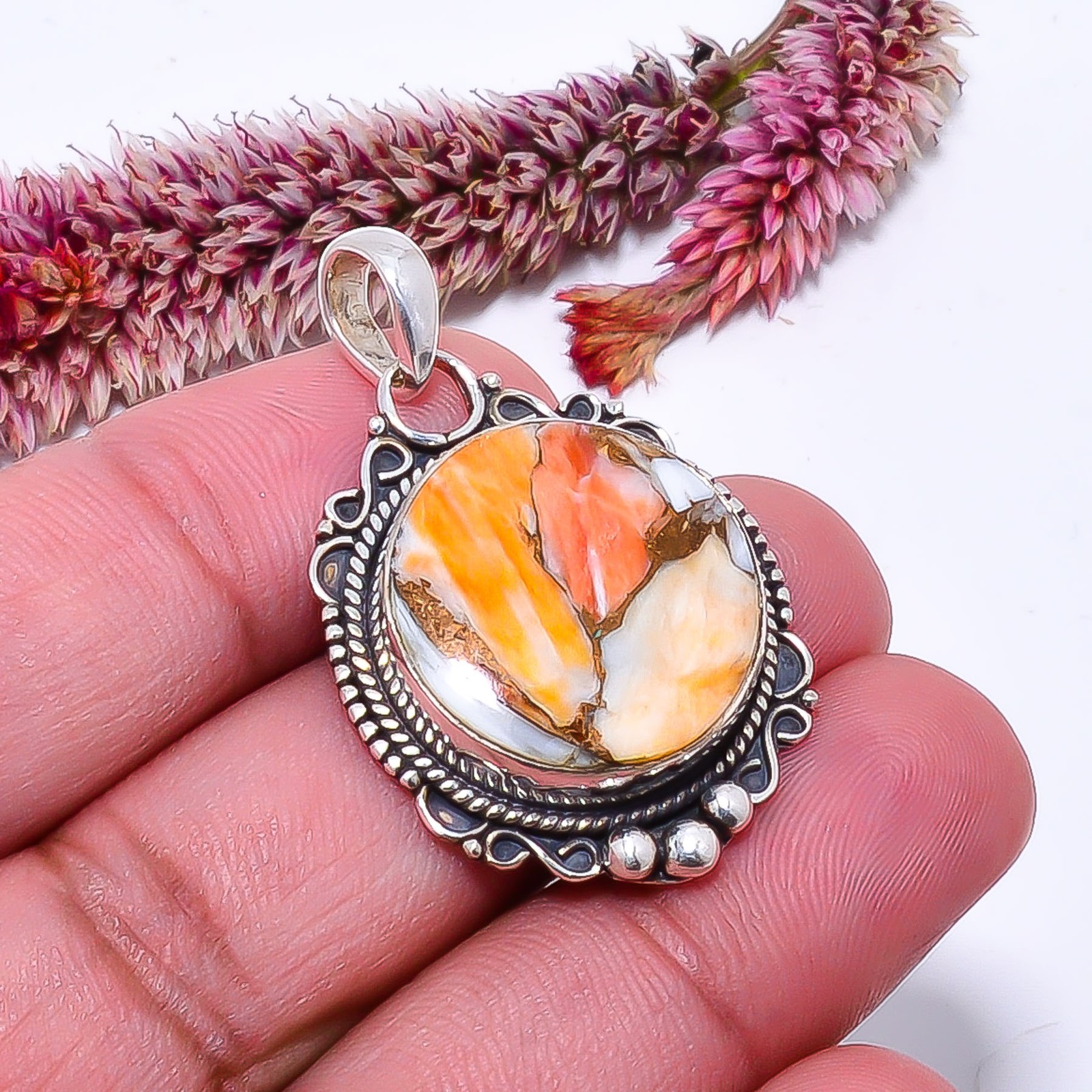 Copper Spiny Oyster Designer Handmade 925 Sterling Silver Pendant 1.44″ P6114033