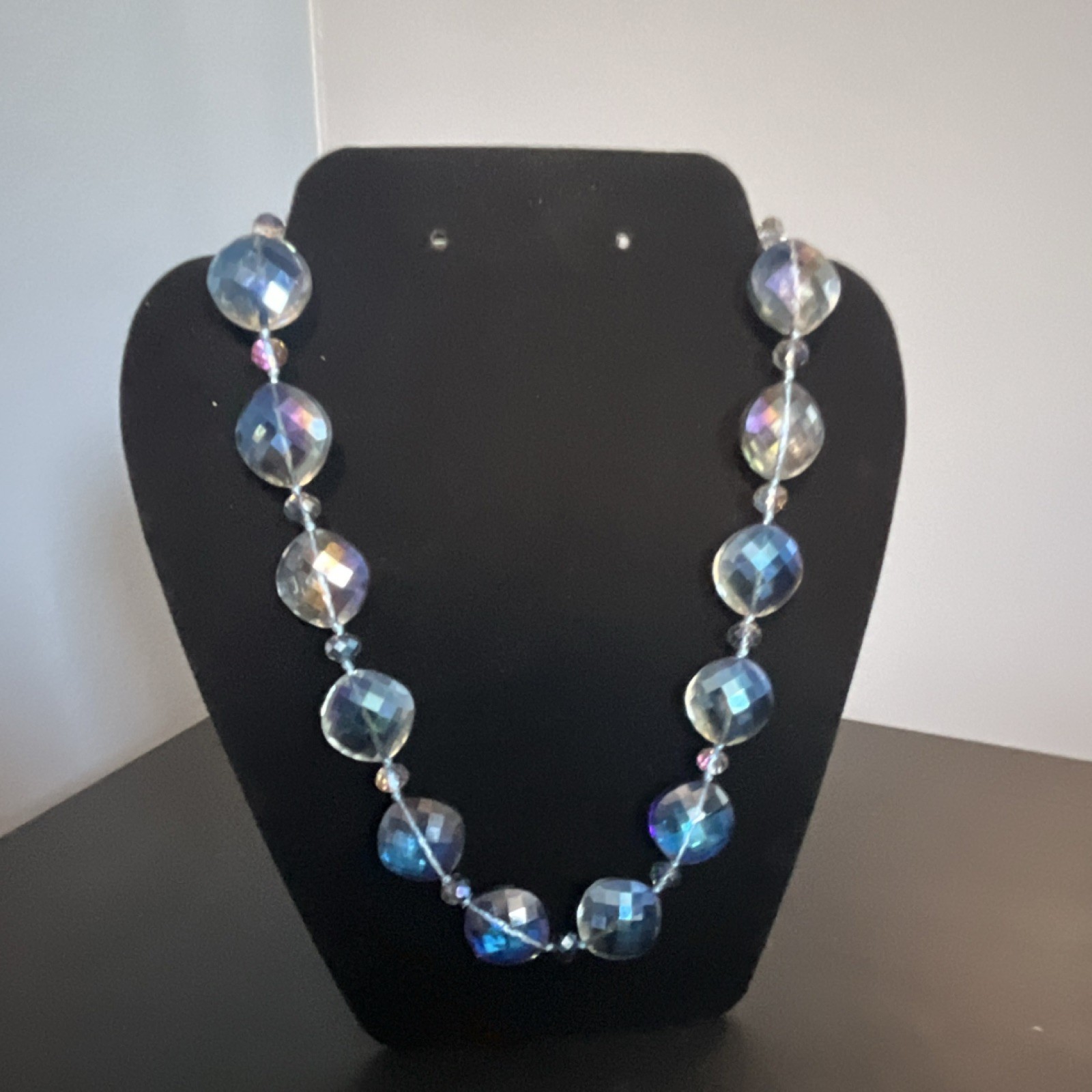 Blue/Clear Round Crystal Beaded Necklace Cable Chain Adjustable Lobster Clasp