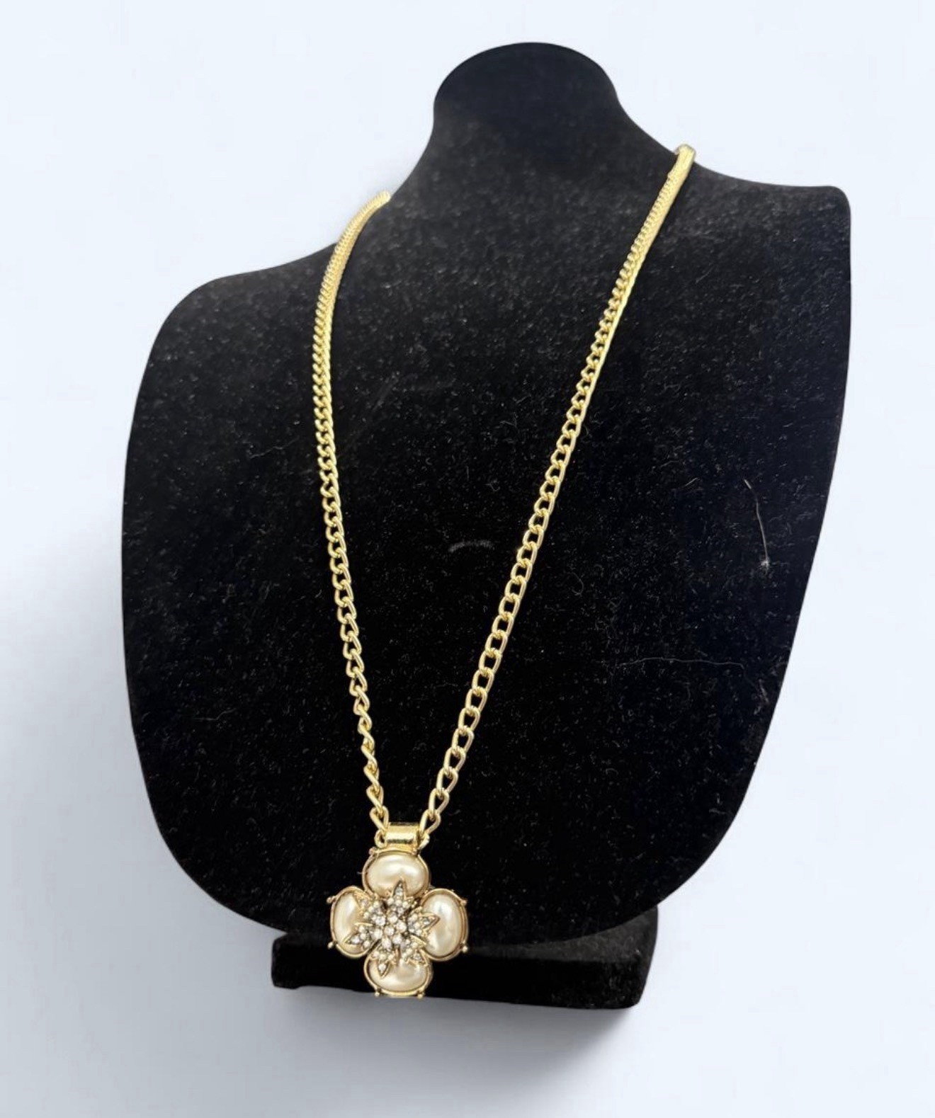 Gold Tone Cable Chain Necklace w/ Flower Charm Pendant & White Rhinestone