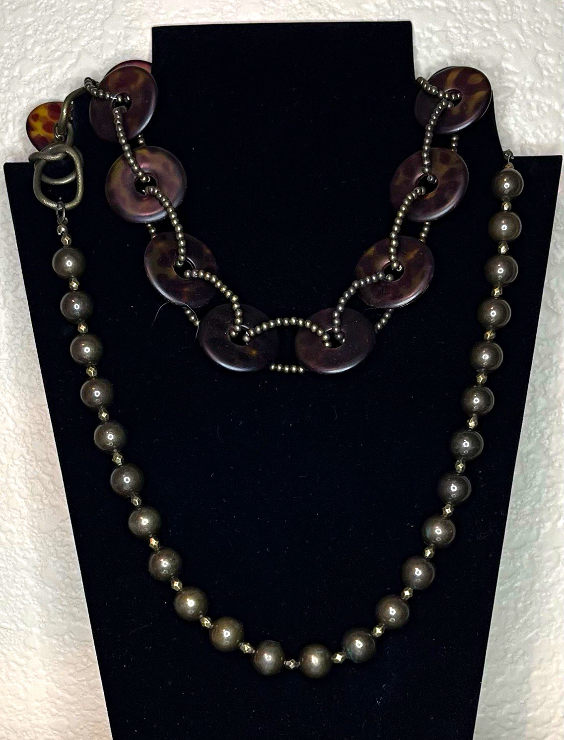 Brown Gray Beaded Necklace, Plastic Metal Ball/Bead Chain, Toggle Closure