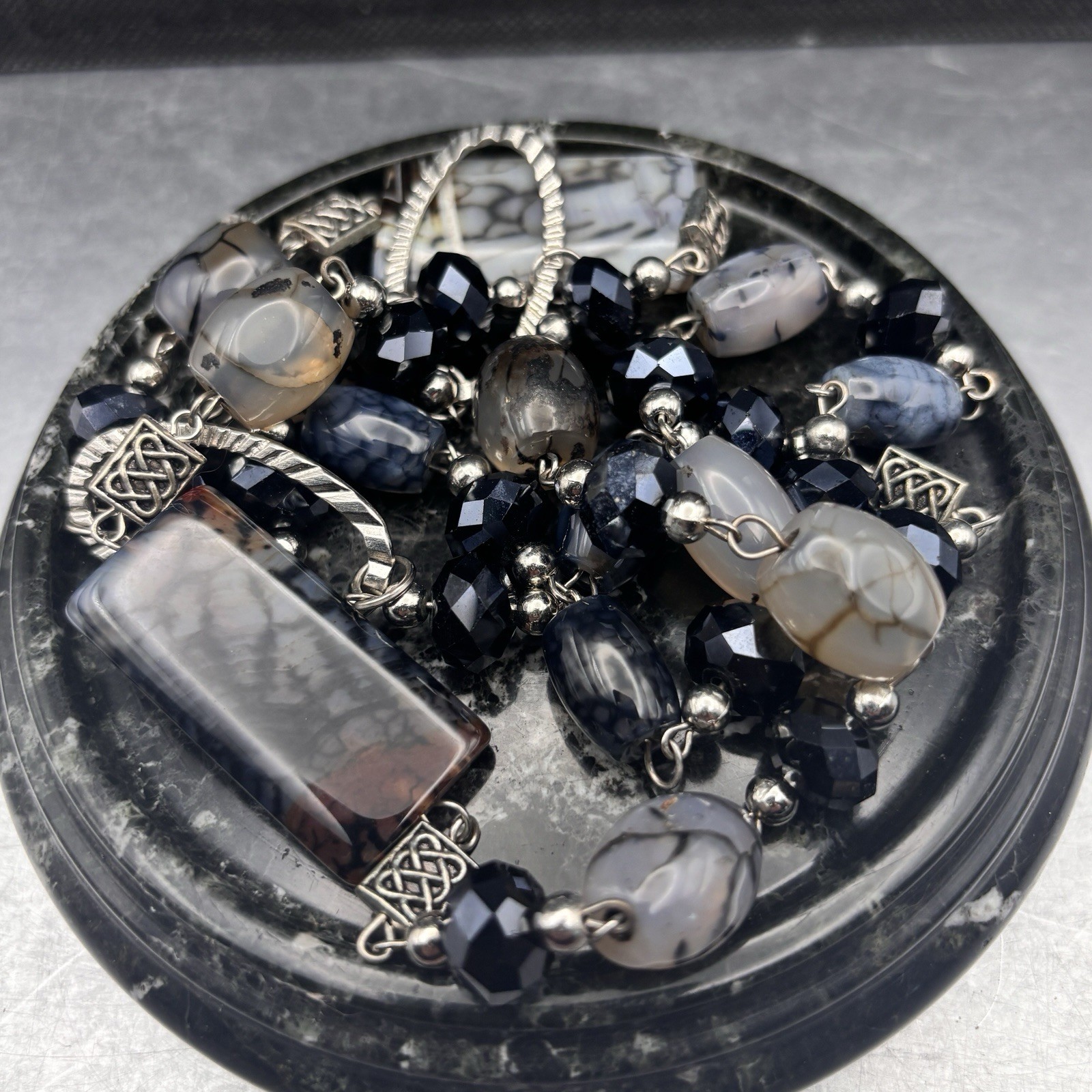Vintage Boho Long Silver Chain Necklace Mixed Grey Black Agate Stone Beads 32”