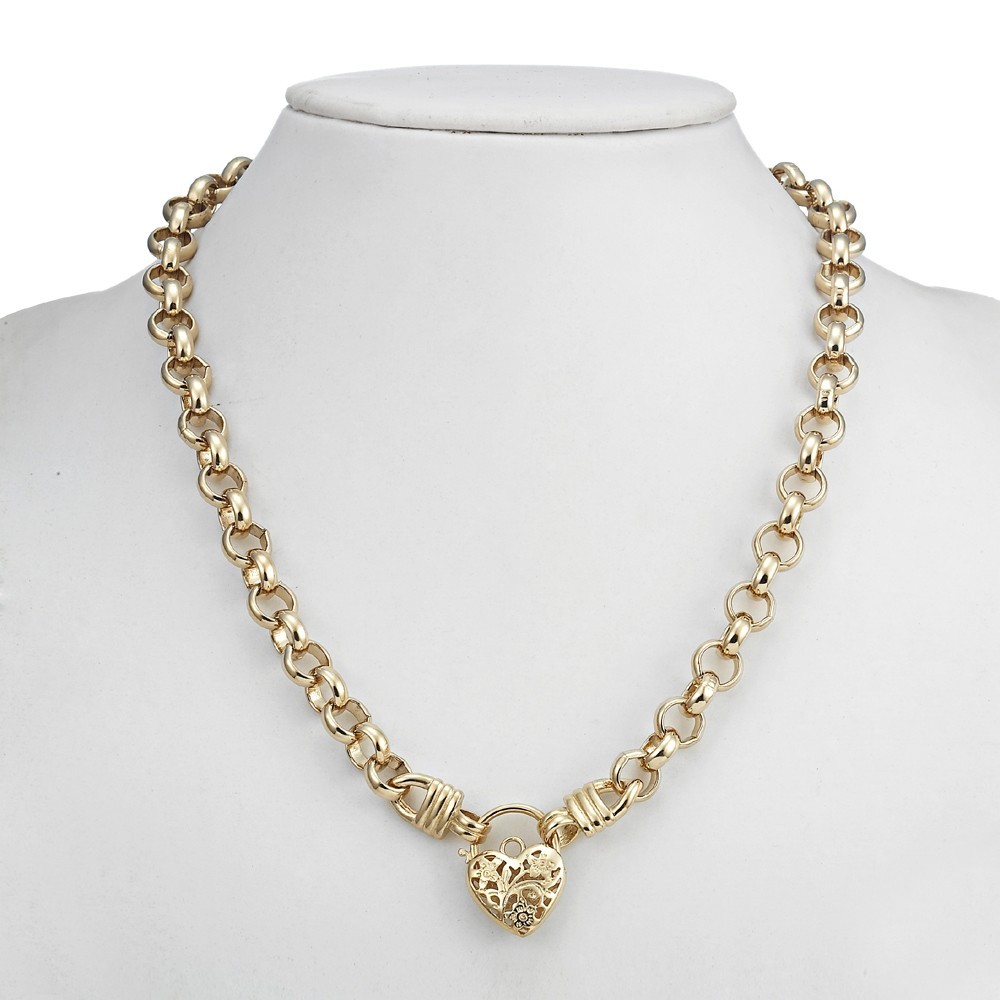 18K GL Thick Solid Belcher Yellow Gold Necklace Filigree Heart Padlock