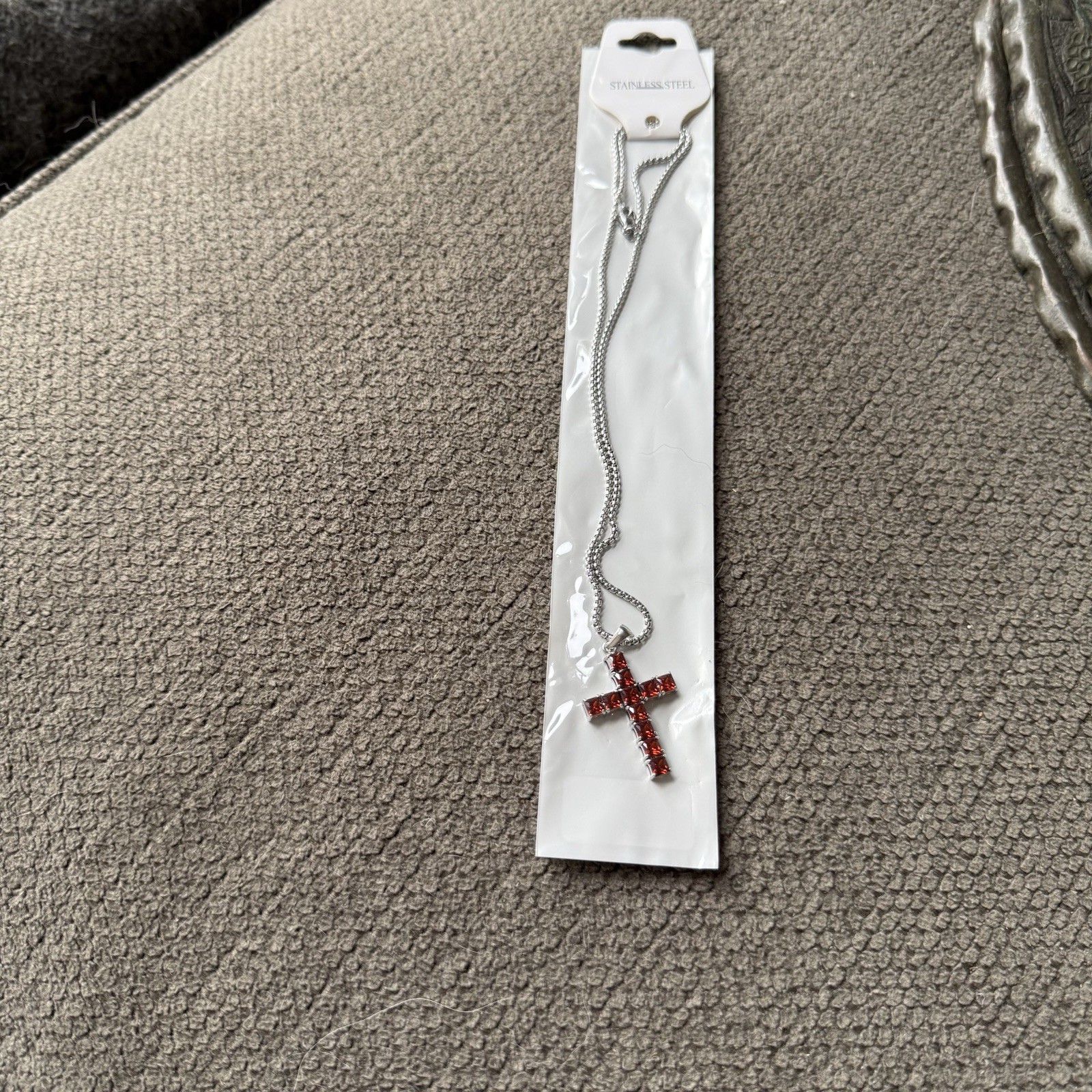 Silver Tone Stainless Steel Box Chain Necklace Red Crystal Cross Pendant Prong