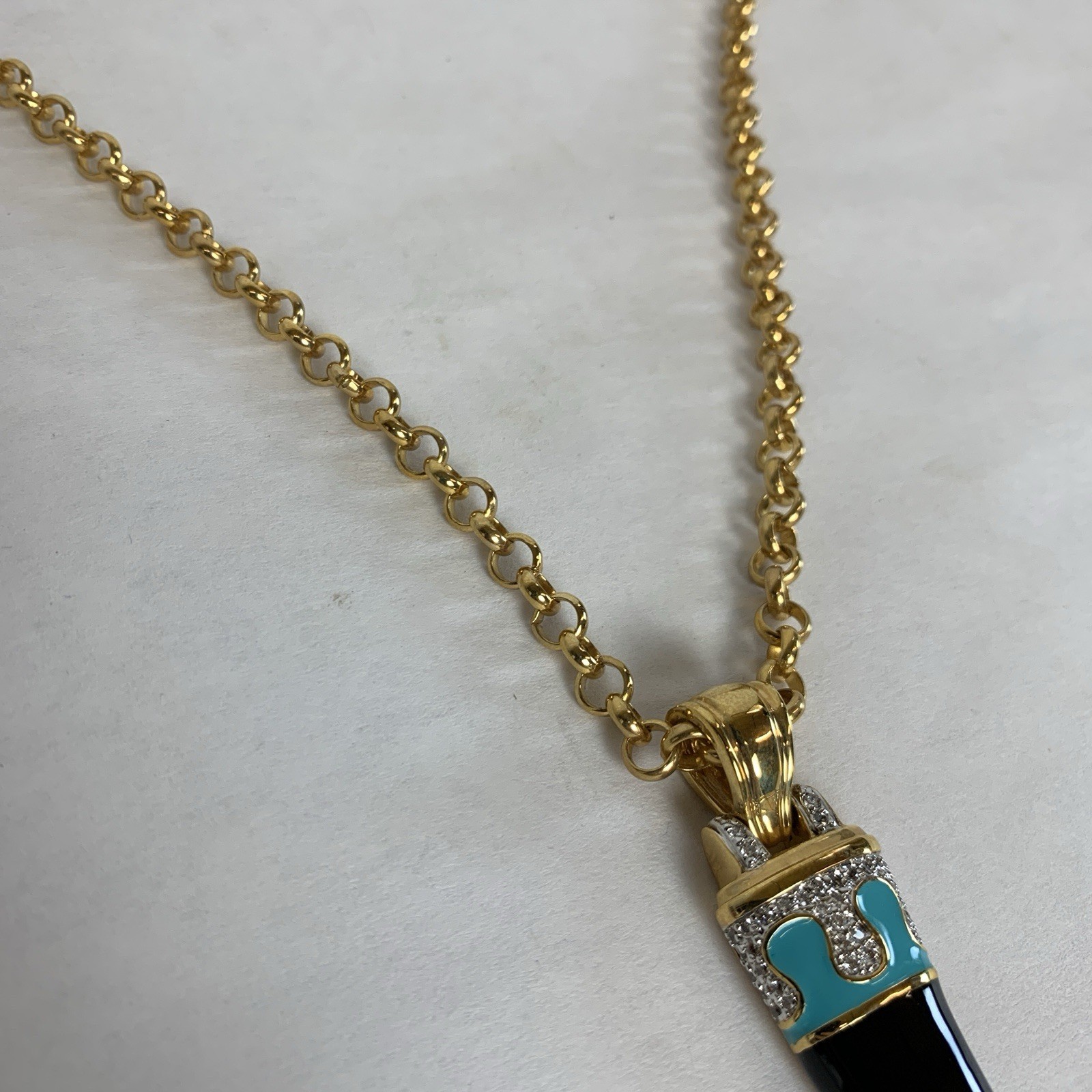 RJM Gold Tone Necklace Black Horn Pendant Blue Accents Unisex Adult