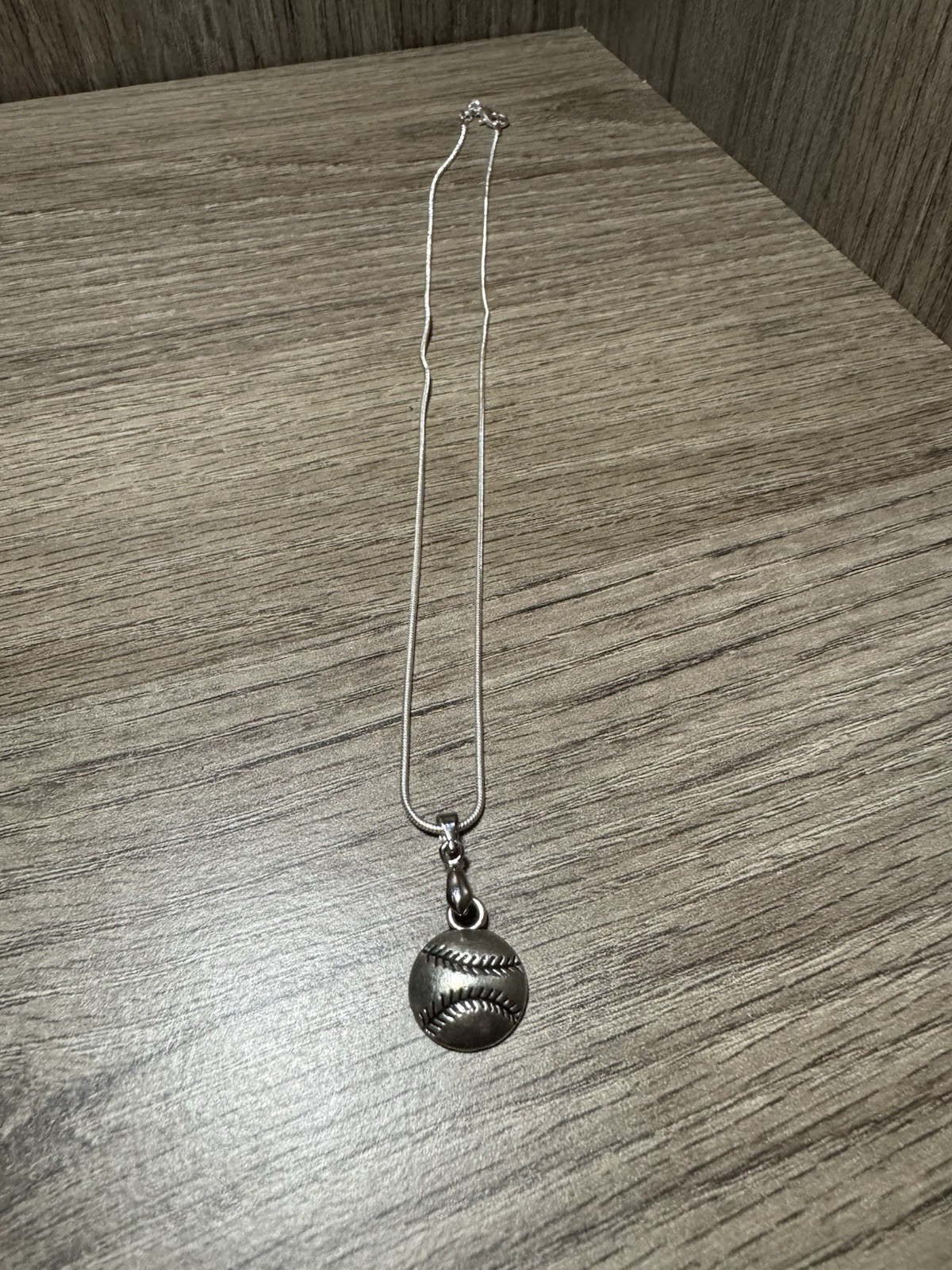 Silver Tone Baseball Charm Pendant Necklace, Round, Snake Chain, Sports Theme