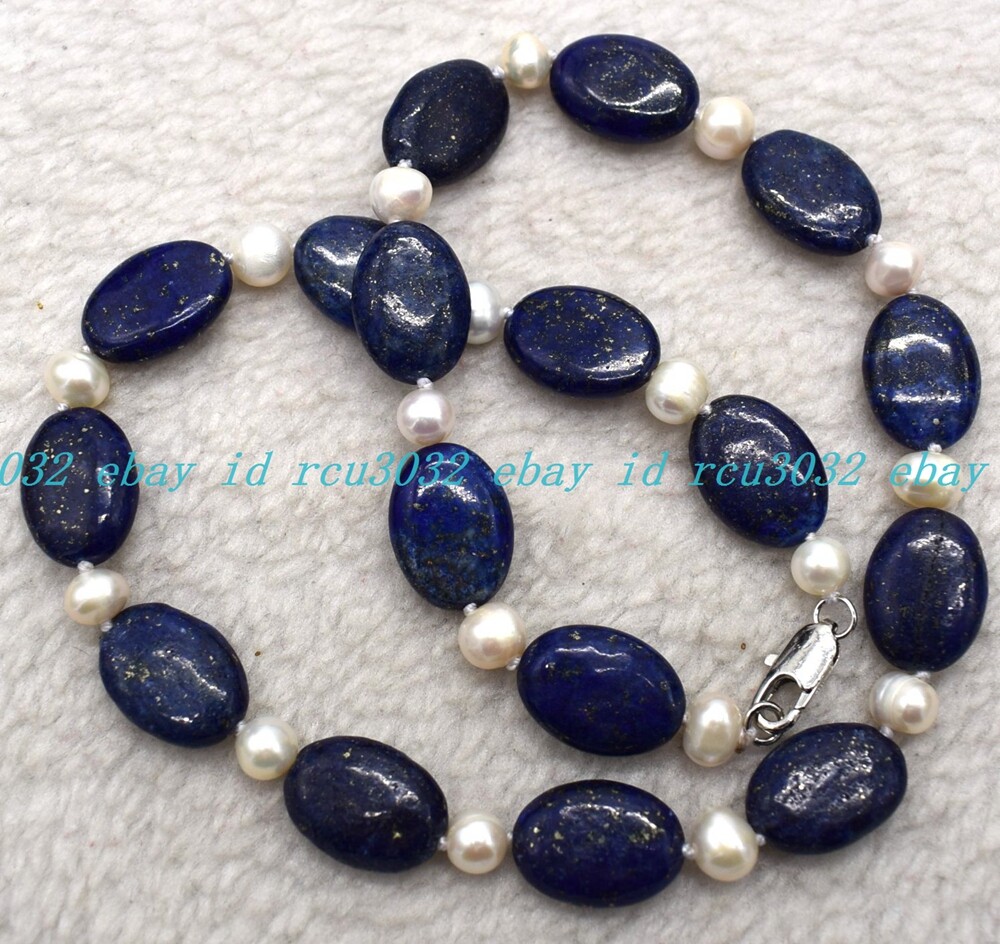 Pretty 7-8mm White Pearl & 13x18mm Oval Blue Lapis Lazuli Silver Necklace 16-36″