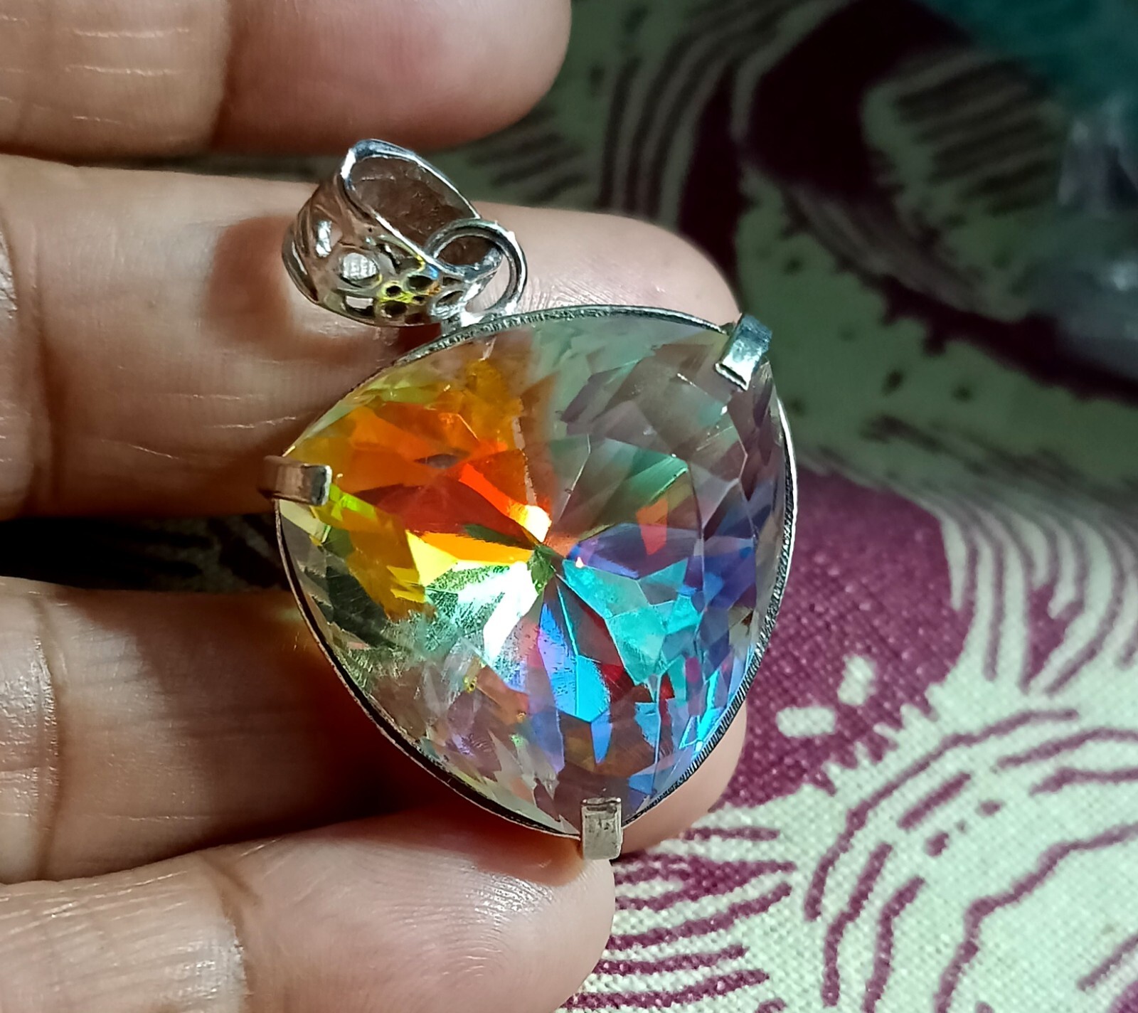90.60 Ct+ Mystic Topaz Trillion Cut Sterling Silver Rainbow Pendant Gemstone