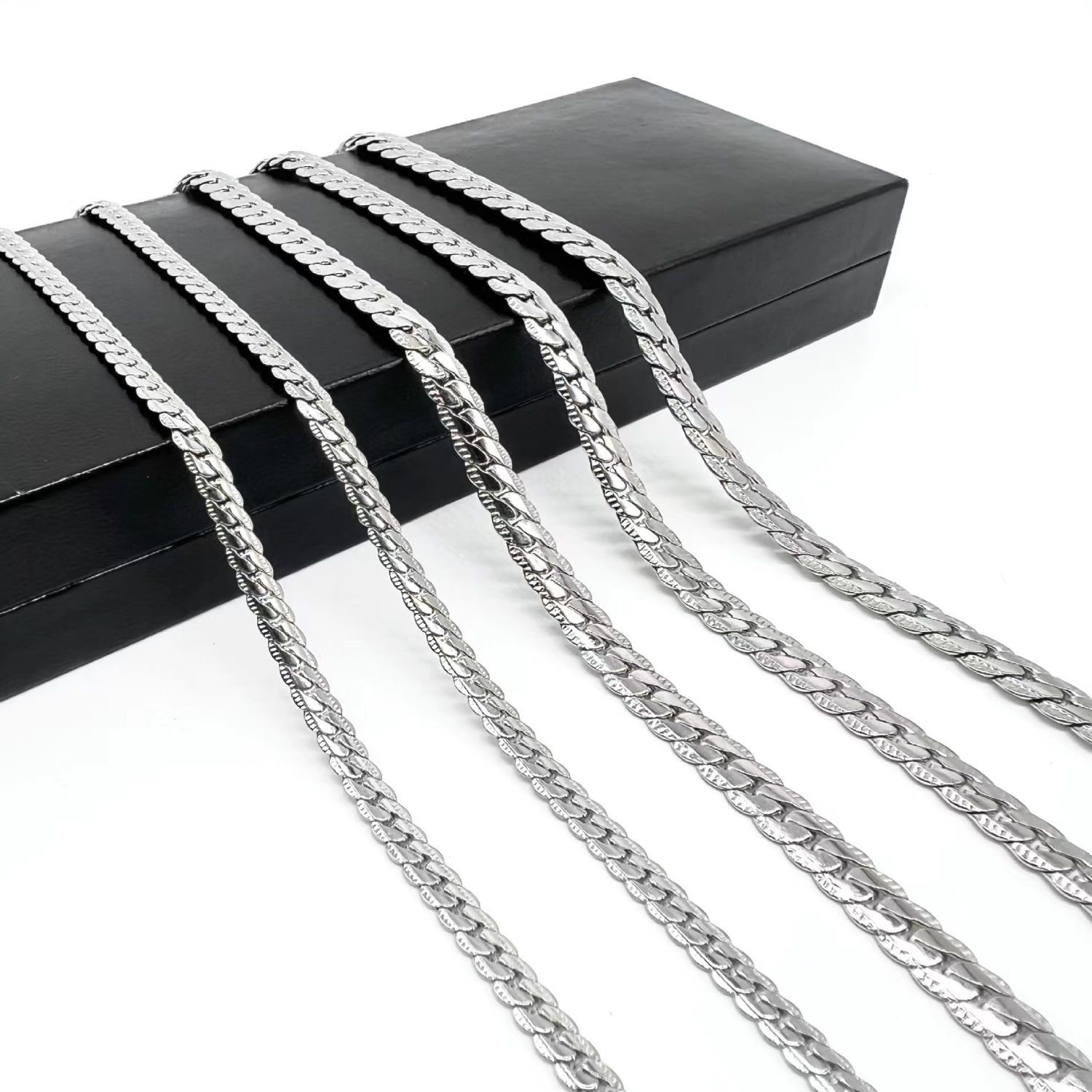 Stainless Steel Cuban Link Chain Necklace Silver Plated 50/55/60cm Men Jewelry