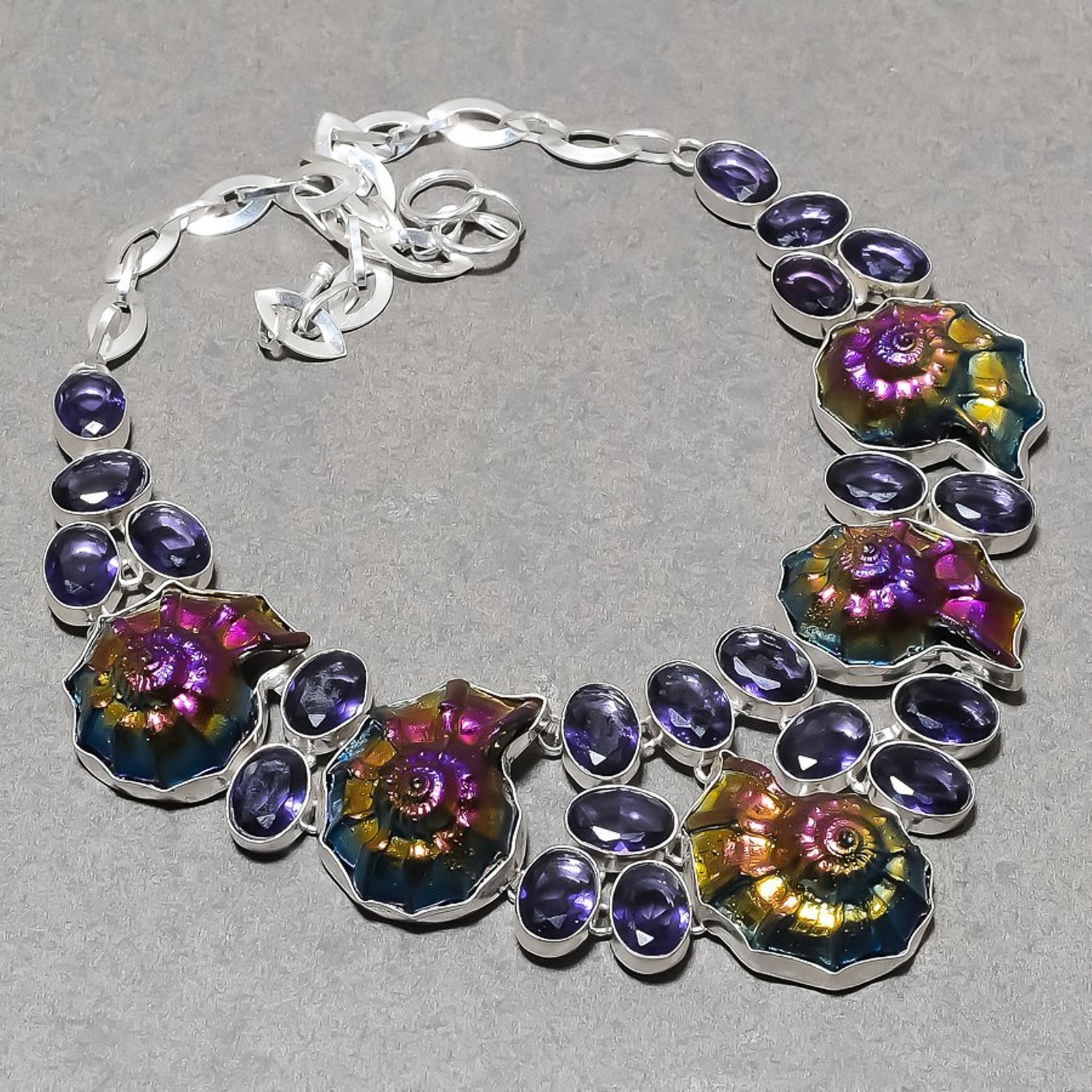 Ammonite Fossil African Amethyst Gemstone Fashion Jewelry Handmade Necklace 18″