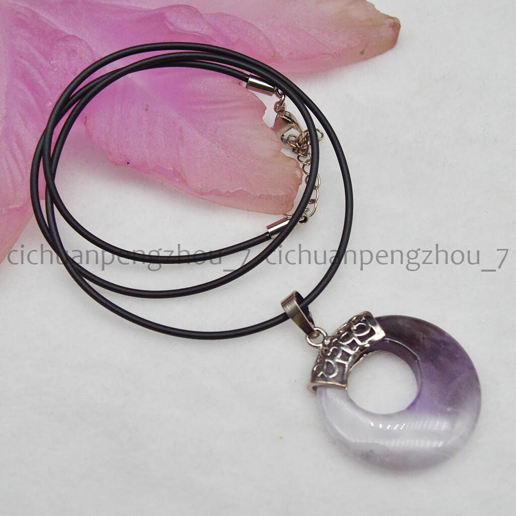 Purple Amethyst 28mm Hollow Round Ring Pendant Black Leather Rope Necklace 18”