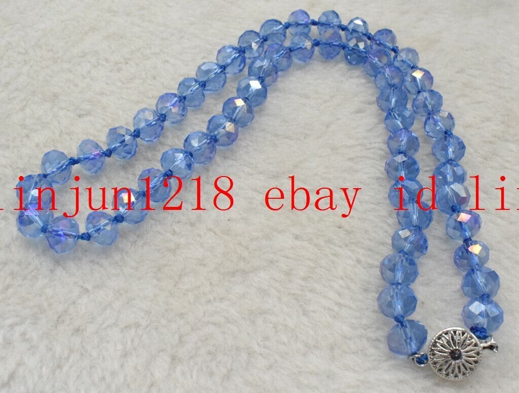 Pretty 8x10mm Blue Faceted Rainbow Crystal Gems Rondelle Beads Necklace 18”