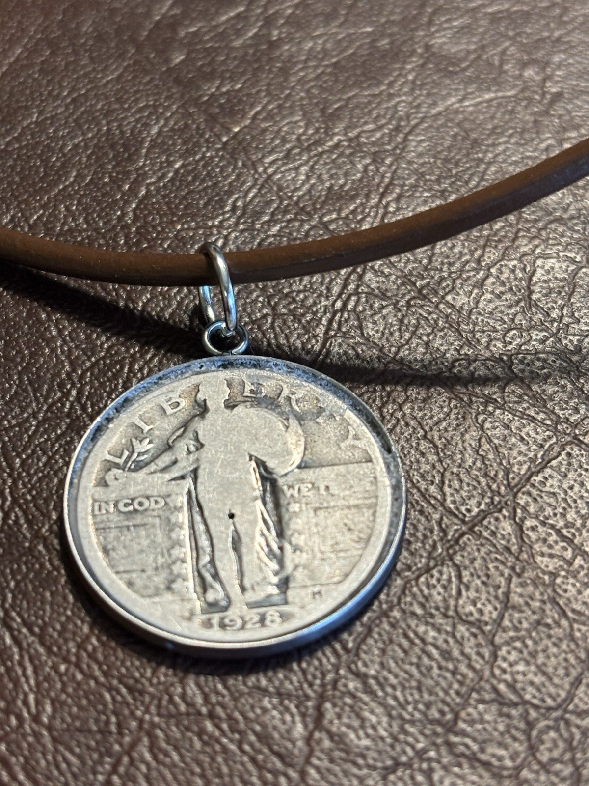 1928 Silver Standing Liberty Quarter Necklace on a Brown Leather Cord