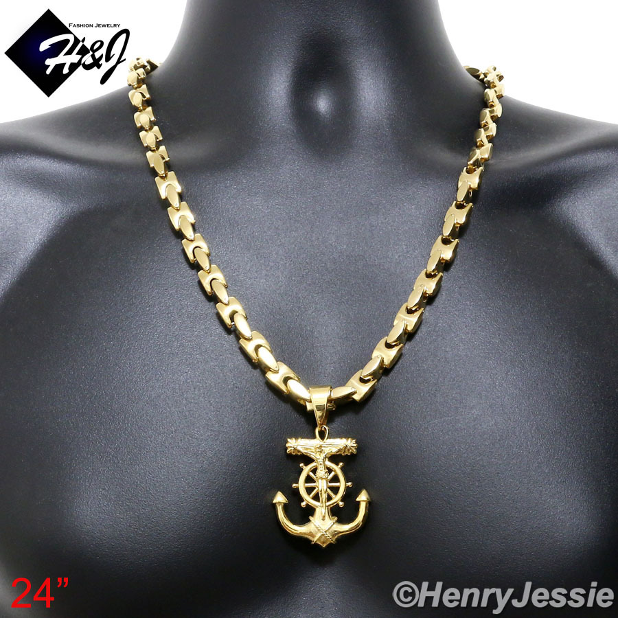 24″Stainless Steel 8mm Gold Plated Interlock Chain Anchor Cross Pendant*P58