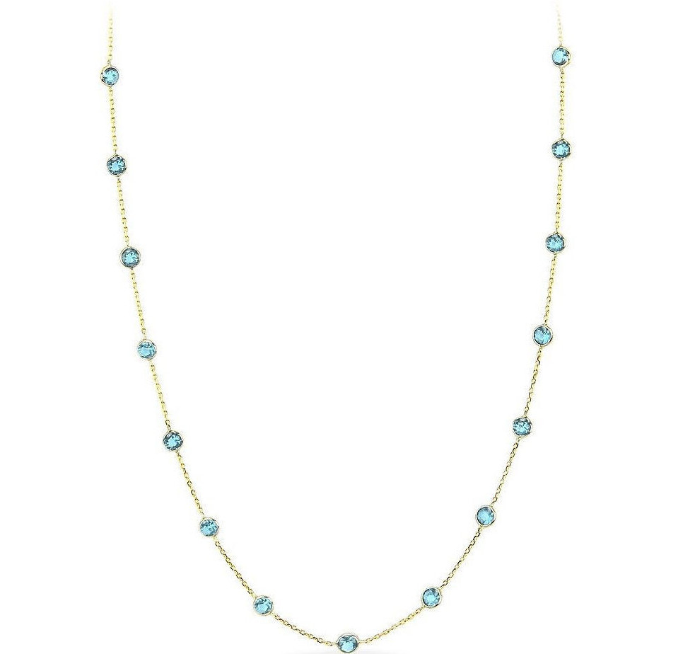 14K Yellow Gold Necklace With Aquamarine Blue Cubic Zirconia 24 Inches