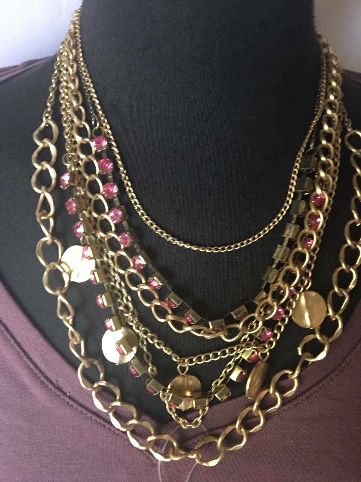 Hot Pink And Gold Multi Strand Chain Necklace Retail $24.99-New