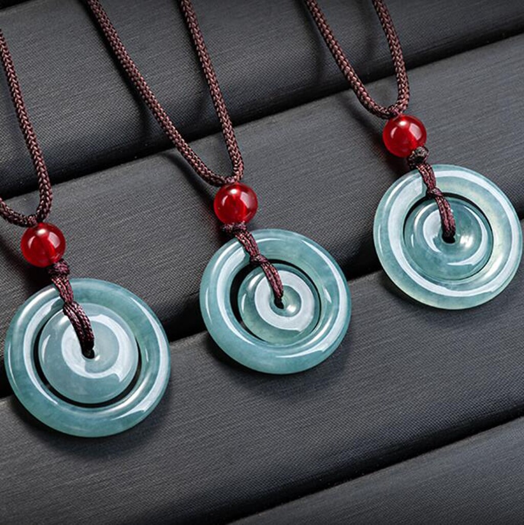 Certified Green Natural Burma A Jade jadeite Circle Donut Lucky Pendant Necklace