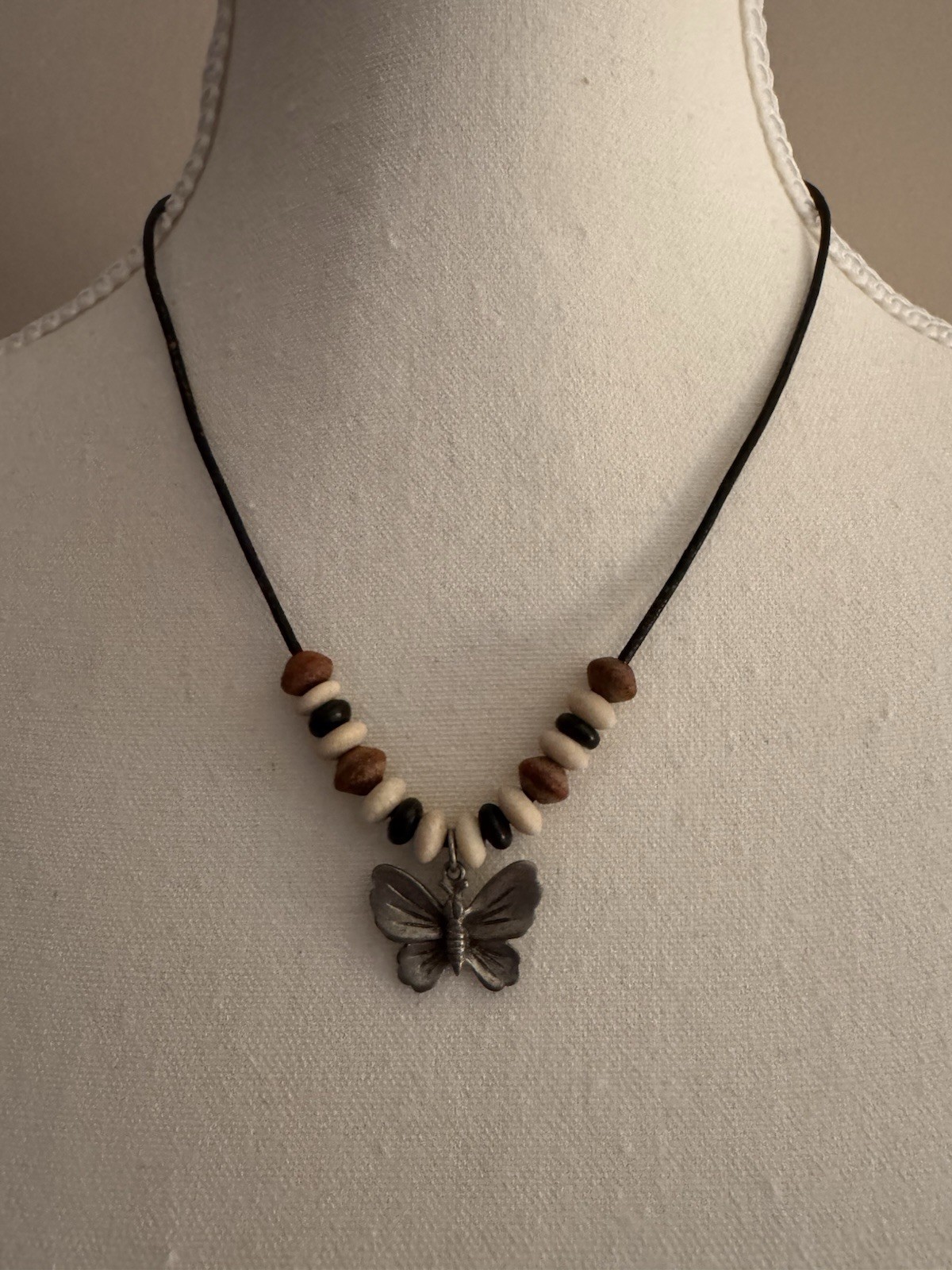 Beaded Necklace – Signed Pewter Butterfly Charm Pendant Cord Brown/Black Rustic
