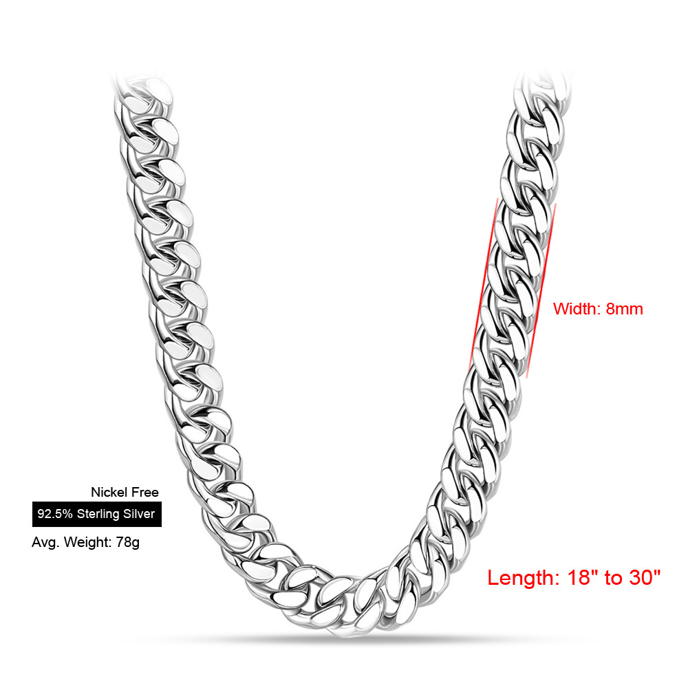8mm 18″-30″ 925 Sterling Silver Curb Cuban Link Chain Necklace for Men & Women