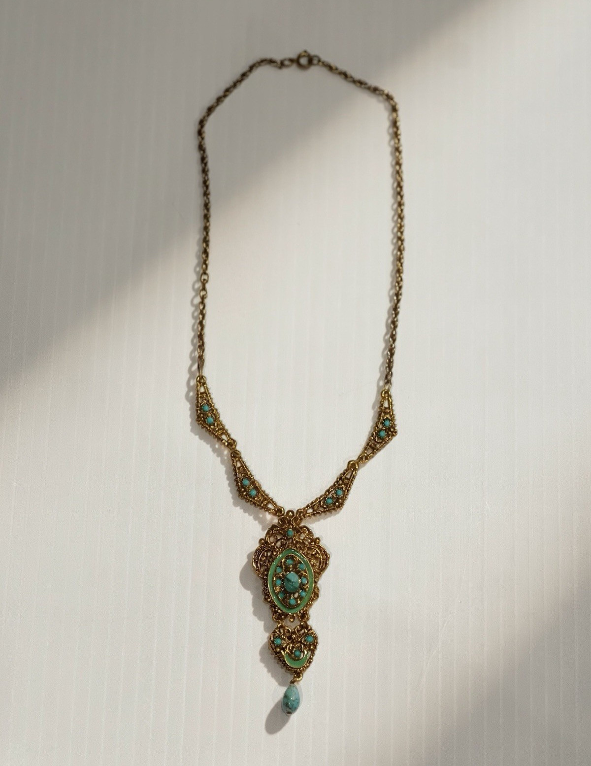 Gold Tone Rolo Chain Necklace Oval Turquoise Rhinestone Pendant, Spring Ring