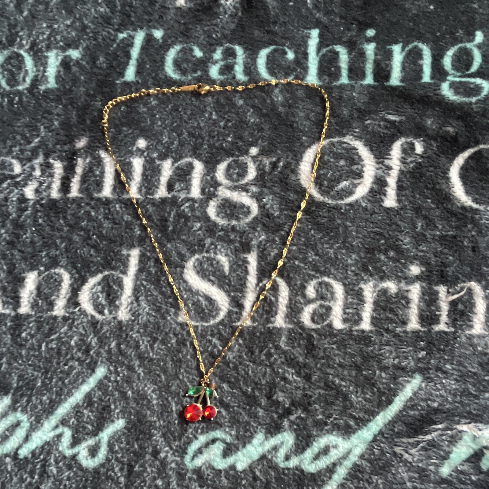 Gold Tone Cable Chain Necklace Red Cherry Rhinestone Charm Pendant Lobster