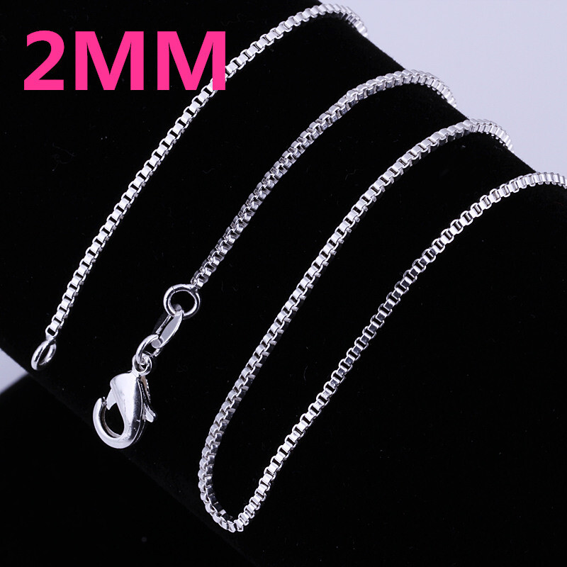 925 Sterling Solid Silver 1MM/1.5MM/2MM Box Chain Necklace For Women 16-24″
