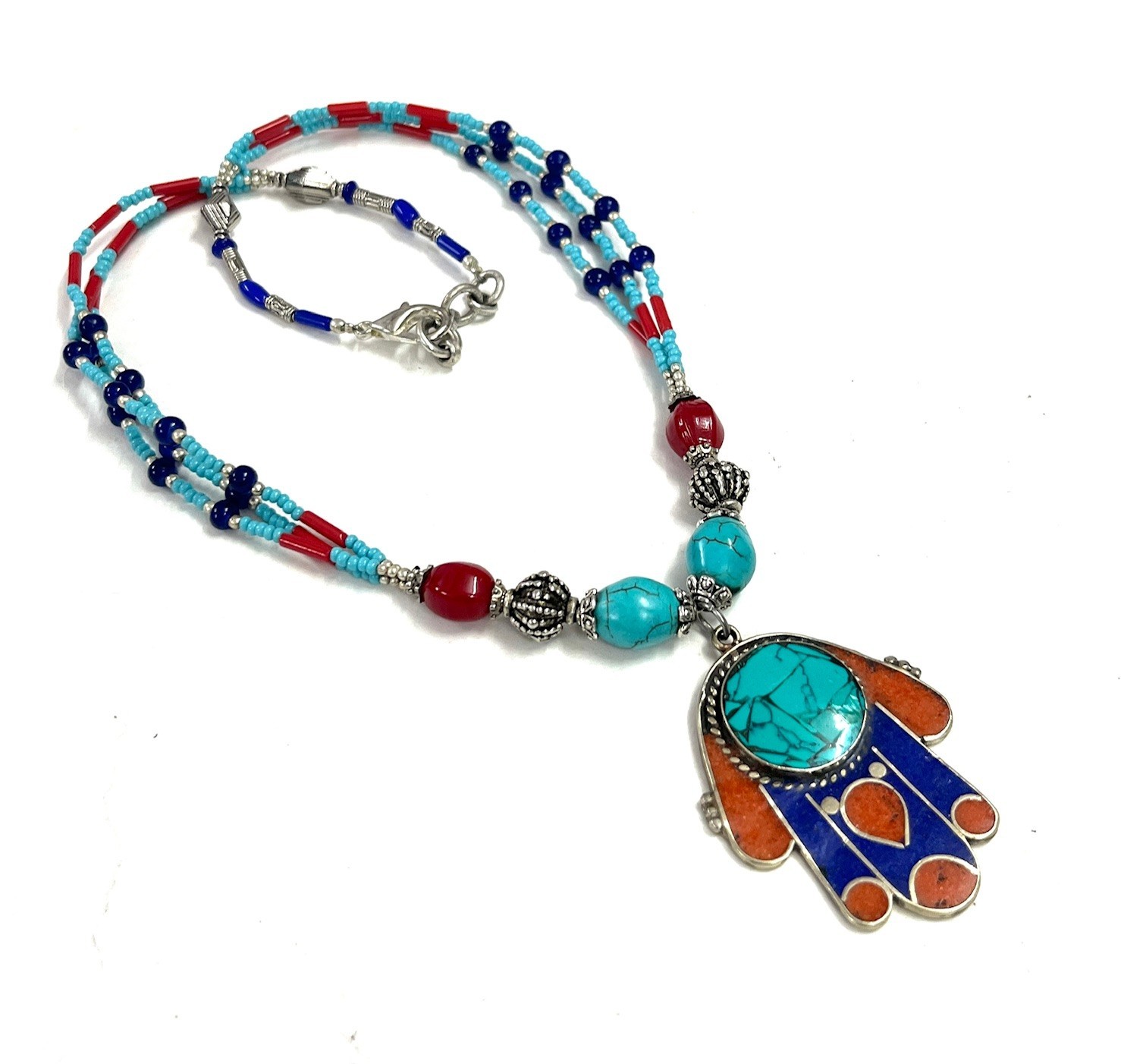 Turquoise Lapis Coral Gemstone Tibetan Pendant Necklace Jewelry, 18 Inc Adjs