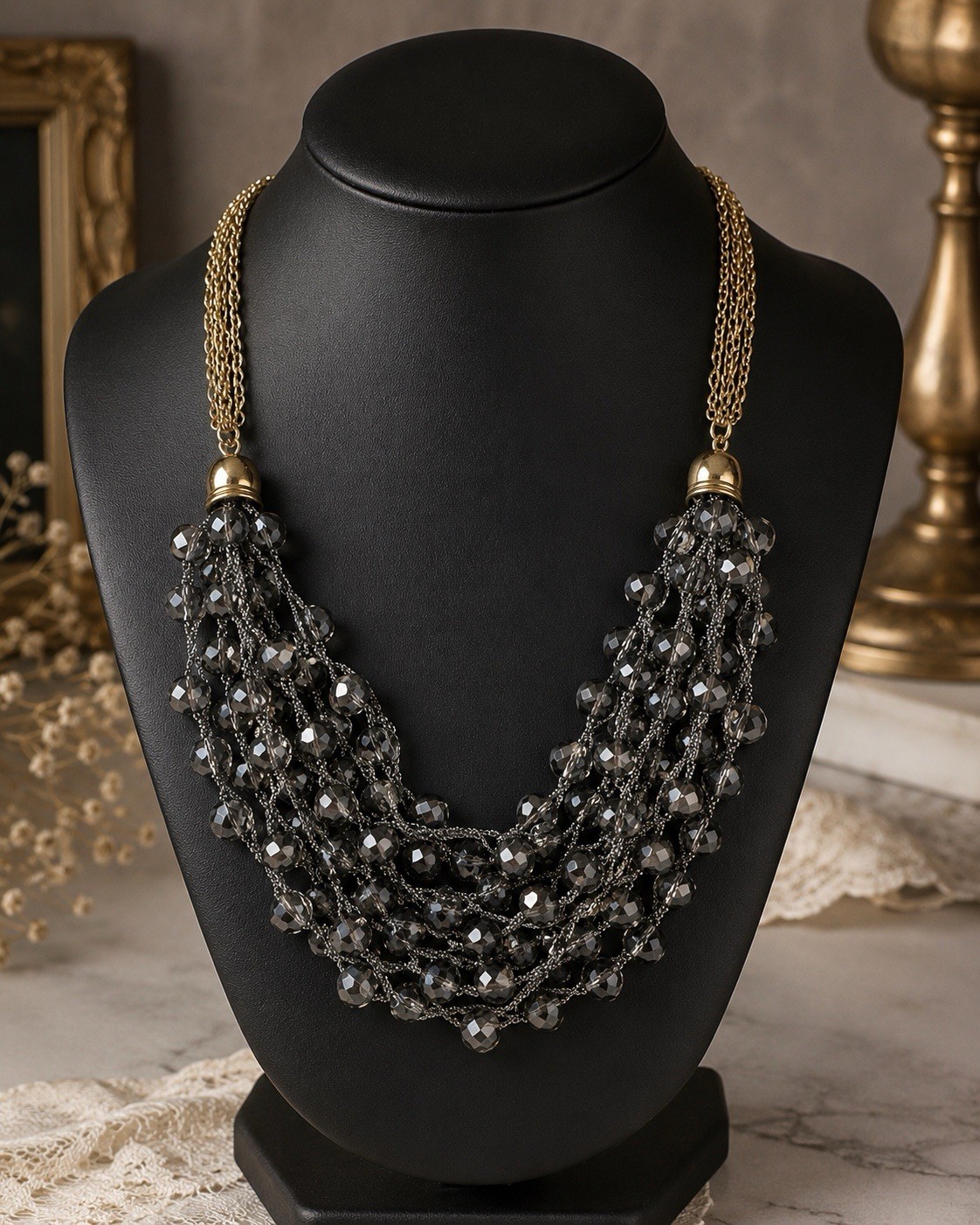 Smoky Gray Multi Strand Beaded Statement Necklace Gold Tone Boho Waterfall Bib