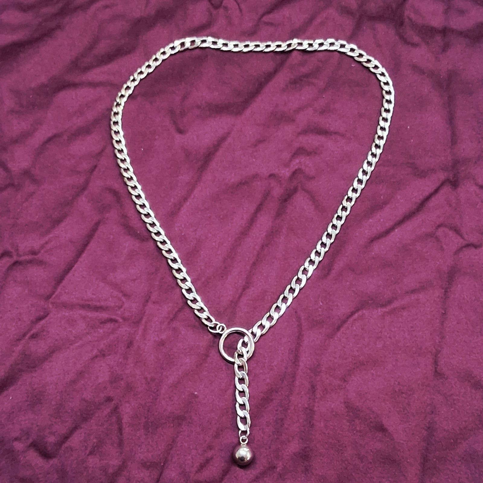 Polished Silver Tone Ball & Hoop Pendant Heavy Curb Link Chain Necklace